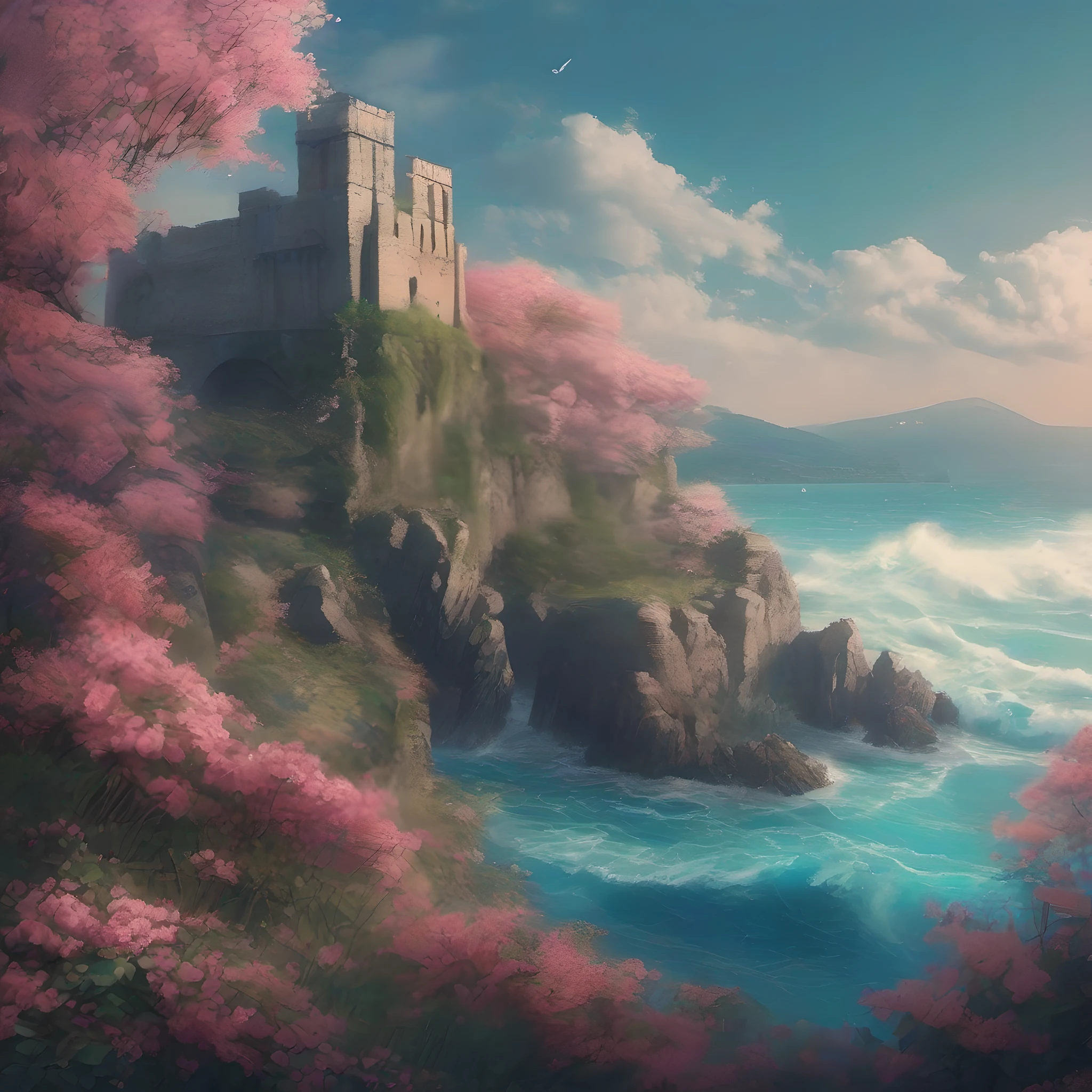 Next to a pumice island in Baiae Bay,
And he saw in the dream ancient palaces and towers
Trembling on the most intense day of the wave,
Todo cubierto de musgo azul y flores, estilo de Paul Barson