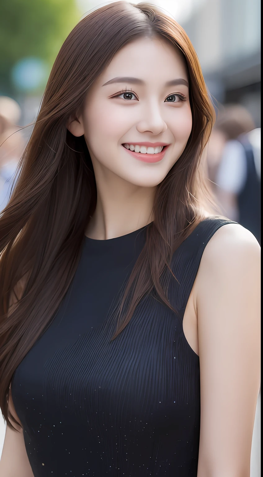 ((Best quality, 8k, Masterpiece :1.3)), 1girl, smiling, full body, slim face, Pretty woman, (Dark brown hair), full length dress :1.1, Ultra-detailed face, Detailed eyes, Double eyelid, blur background, slim face, city, outside, street,
