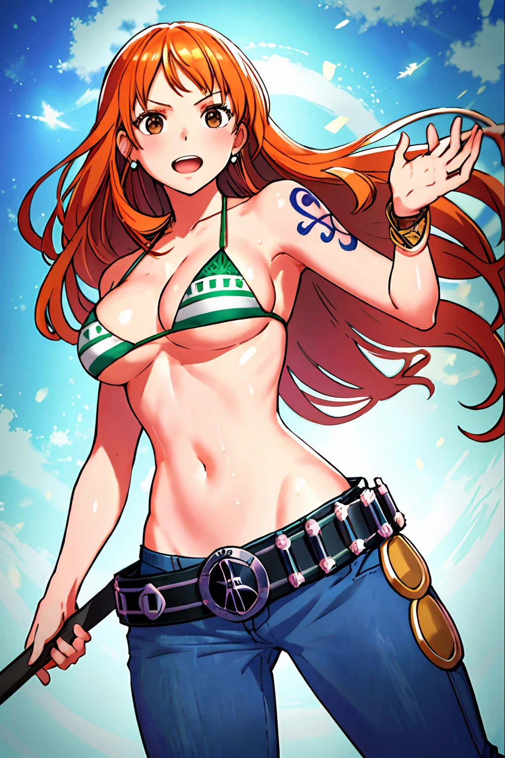 WALLPAPER, detailed background, wrestling stage, wrestling match, ((((leaning on turnbuckle: 1.9, armpits: 1.3, victory pose: 1.8))), masterpiece, 4k, (wwe:1.1), turnbuckle, (((wrestling ring robes behind))), wrestling robes, epic, best quality, late youth, adult, wrestler body, strong, 1girl, active, energic, (large mouth) , solo, nami \(one piece\), 1girl, bangle, (open mouth, exhausted, shouting, sweaty face, leaning, serious, glaring, open eyes, perfect detailed face, round face, sweat on face) bold drawing lines, muscular arms, detailed bold arm lines, flat jaw, adult woman, wavy wide streaked bangs, floating bang, (big cheeks), bare shoulders, belt, bikini, bikini top only, bracelet, springy breasts, breast lines, big round eyes, very big brown shiny eyes, high eye position, cleavage, denim, earrings, floating hair, shiny hair, green belt, green bikini, bold groin lines, jeans, jewelry, medium breasts, log pose, long hair, looking at viewer, big navel, wet hair, orange hair, pants, shoulder tattoo, sidelocks, solo, standing, stomach, swimsuit, tattoo, looking at viewer, open mouth, detailed left arm, big forehead, hourglass figure, small head, toned body, wide hair, wind effect, narrow small ears angle, older, (((midsection shot only))),