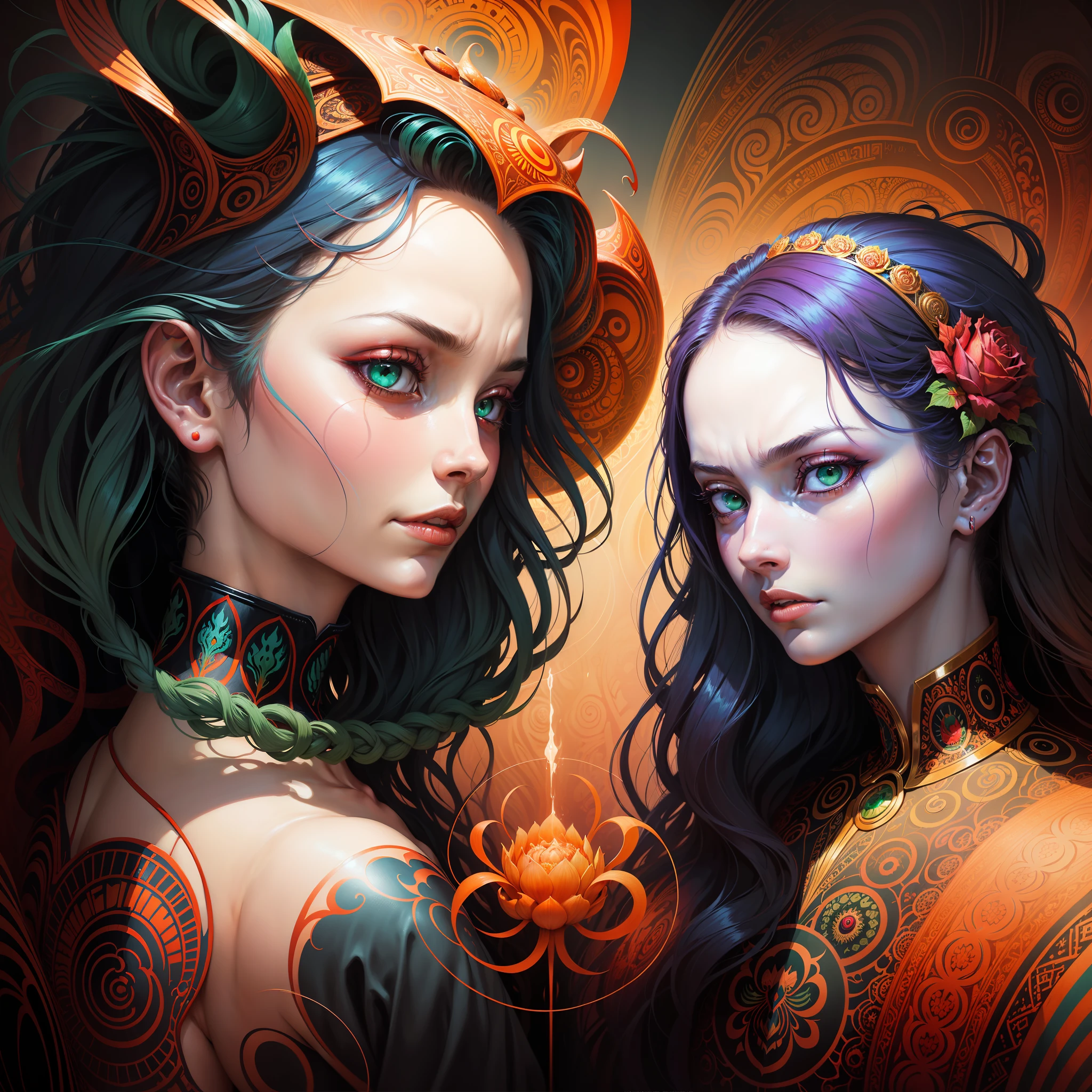 painting of a woman with a dragon and a rose in her hair, beautiful face, red black blue hair, green eyes, beksiński and james jean, alex grey and beksinski, psychedelic cosmic horror, alex grey and tim hildebrandt, james jean artwork, psychedelic painting, psychedelic illustration, beksinski and alex gray, style of alex grey, dan mumford and alex grey style, psychedelic dmt
