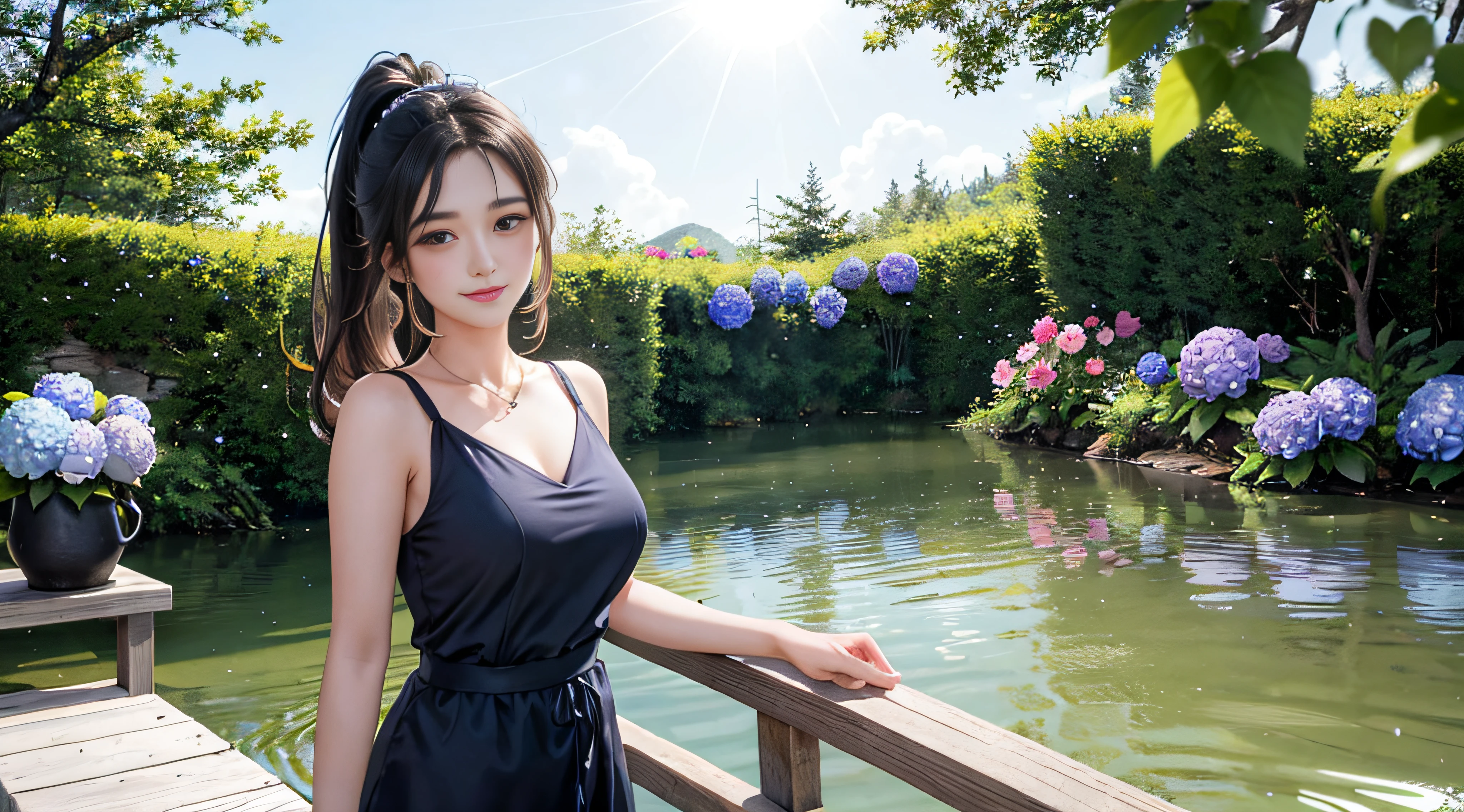 In a blue sky,There are seven rainbows of flowers in the summer daytime,and the sun was shining brightly,There is soft natural light, dingdall effect,An intimate portrait of a young girl about eighteen ,The girl's appearance is thick eyebrows,There are big watery eyes,The girl has long black hair,Wear crossed bangs,front ponytail,The head is wearing a cartoon rabbit ear-like ornament,She blushed,Standing on a wooden pier in a pale green dress,Next to the girl there is also a cute border collie with black and white crossed colors,A wooden pier juts out onto the tranquil lake,The girl gently closed her mouth and looked at the viewer with a smile,The left hand is raised to welcome the viewer,The right hand is naturally placed on the side of the thigh,A happy smile on his face。The sun casts a warm glow on the scene,Illuminates the ripples in the water,Cast a soft shadow on the girl's face。Behind her,A sea of purple and red flowers stretches into the distance,There are peony flowers,Rosa flowers,hydrangeas,The wide variety of flowers contrasts with the pale blue sky above。Despite the tranquility of the surroundings,But there was a clear sense of joy in the girl。
