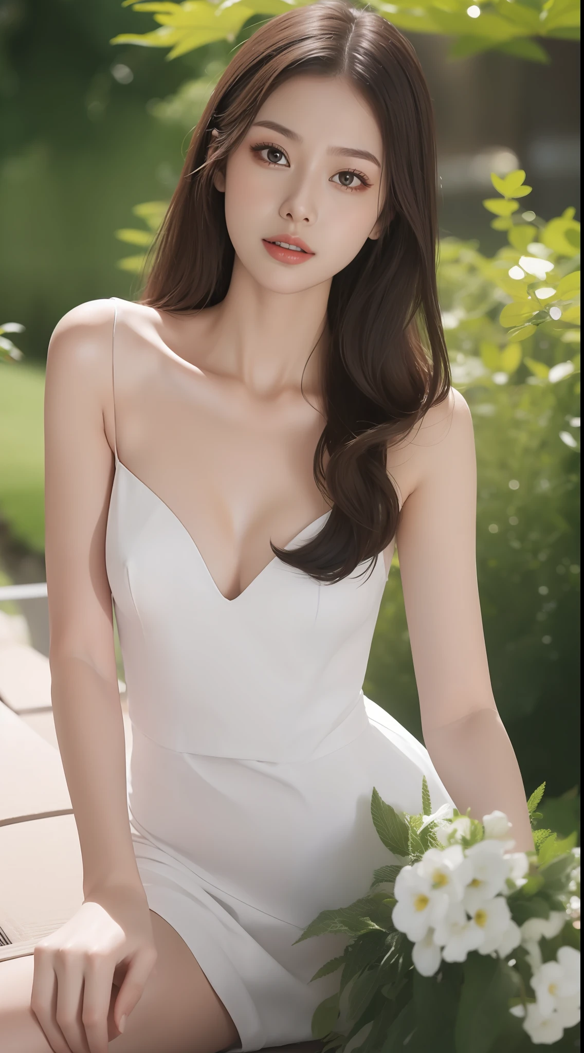 Fashion model 18 years old [[[[closeup cleavage]]]], [[[[boobgasm]]]], [[[[coll]]]], [[[[bshoulders]]]], perfect  eyes, Perfect iris，Perfect lips，perfect teeth，Perfect skin，Long face，slender nose，with fair skin，Soft front light，hdr，Movie girl，Casual，long whitr hair，Long hair with a shawl，The background is outdoors，Green trees and flowers（pastel colour：1.2）