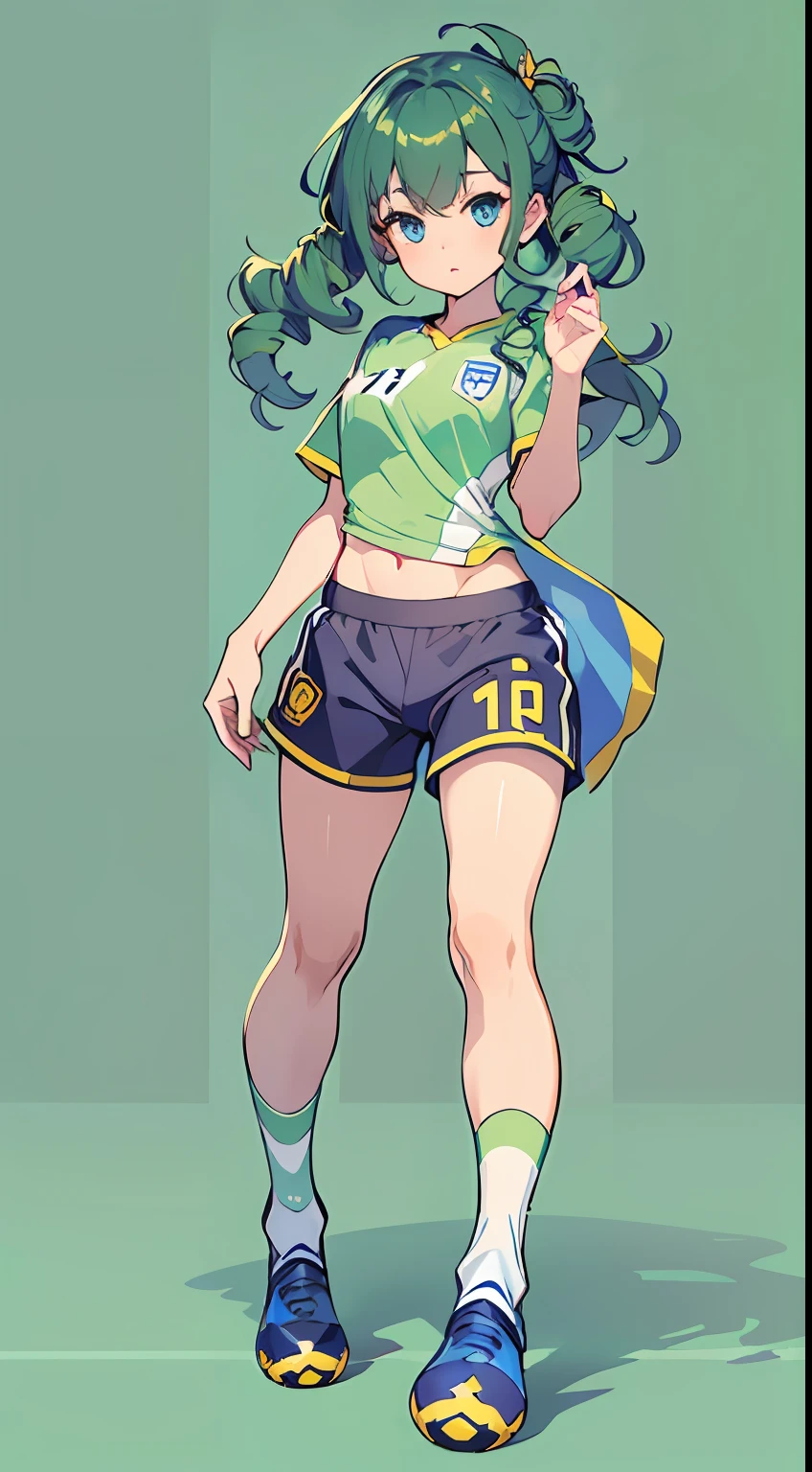 ((Masterpiece)), Best quality, absurderes, Ultra detailed, holograph, Cowboy shot, Dynamic pose, Golden ratio, Super cute girl, Mature girl, Extremely beautiful, Super beautiful asian girl with super beautiful navy blue eyes, Super beautiful green curly hair, Shiny skin,  Nice sexy body, Slim and delicate body, Perfect body, Blue skinny print short-sleeved top,shorter pants、Stockings、soccer player、(((Full body like、standing on your feet、head to toe，soccer player)))