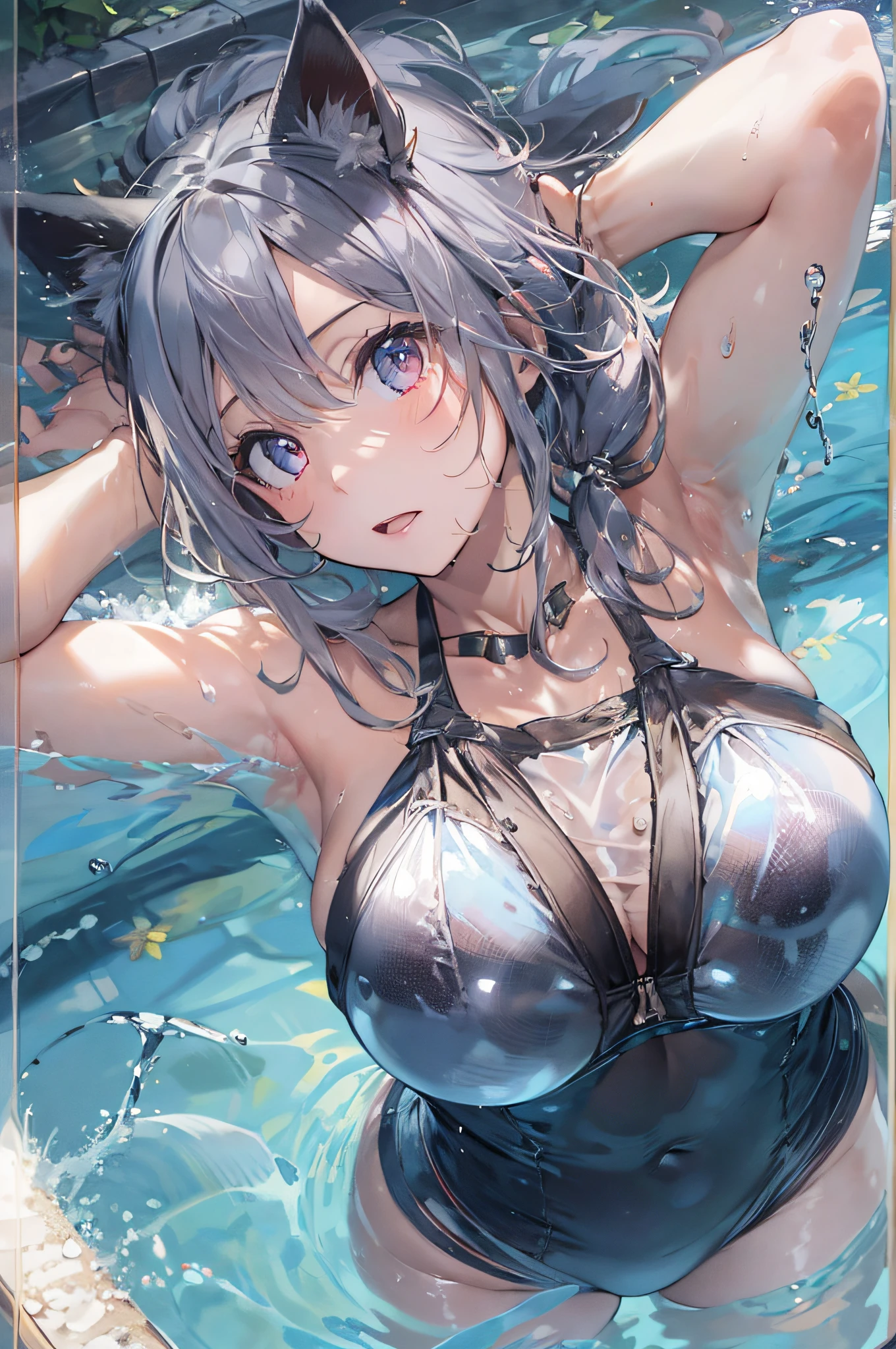 Beautiful fece, masterpiece, top-quality, hiqcgbody, animesque, 1girl in, Medium chest, The bikini, Transparent transparent black swimsuit, portrait shot, Look at viewers, Partially submerged, Outdoor pool, (silber hair),(Feline ears),poneyTail,wetted skin, intricate detailes,>,((coverd)