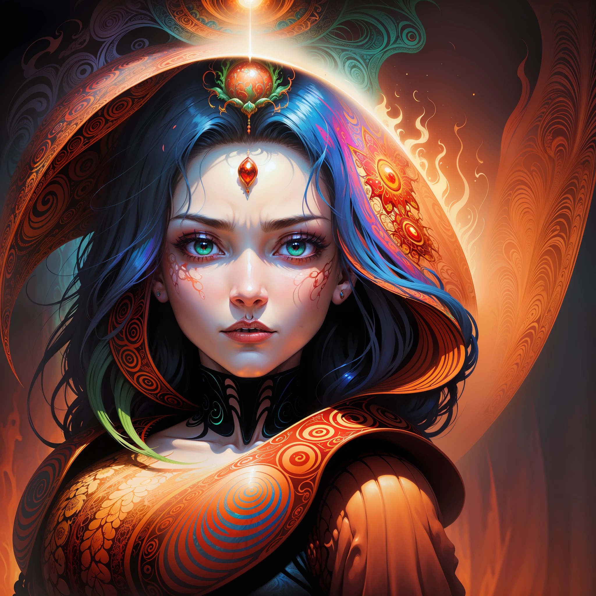 painting of a woman with a dragon and a rose in her hair, beautiful face, red black blue hair, green eyes, beksiński and james jean, alex grey and beksinski, psychedelic cosmic horror, alex grey and tim hildebrandt, james jean artwork, psychedelic painting, psychedelic illustration, beksinski and alex gray, style of alex grey, dan mumford and alex grey style, psychedelic dmt