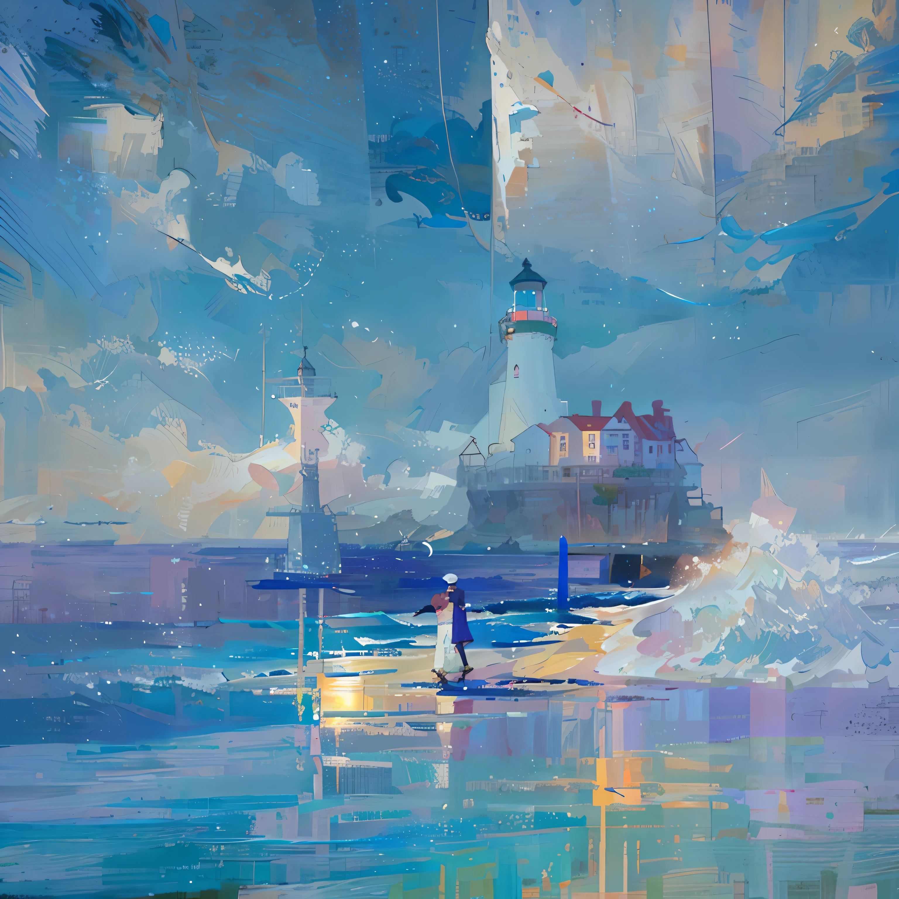 Painting of a couple walking on the beach,In the background is a lighthouse, andrey gordeev, in style of aivazovsky, Aleksiy Zaitsev, Highly reflective oil, inspired by Ivan Aivazovsky, Jeremy Mann and Claude Monet, inspired by Wadim Kashin, author:Richard Carlin, Dmitry Spyros