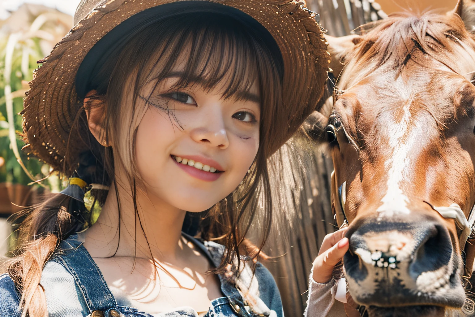 (8K、Raw photography、top-quality、masuter piece:1.2)、ultra-detailliert、ultra res、(realisitic、rialistic photo:1.37), (14yo japanese girl, Round face, Bangs, poneyTail, a straw fedora hat, work gloves), Solo, (Smile:0.5), Girl Walking In Front Of A Cow, Wearing denim overalls and brown t-shirt