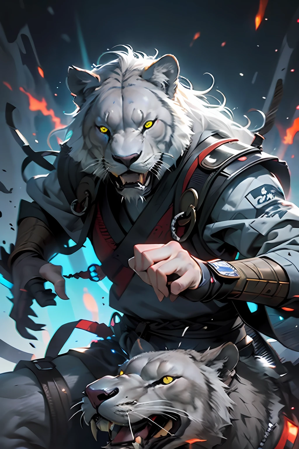 Muscular handsome great Legendary roaring lion with samurai Wear glowing eyes