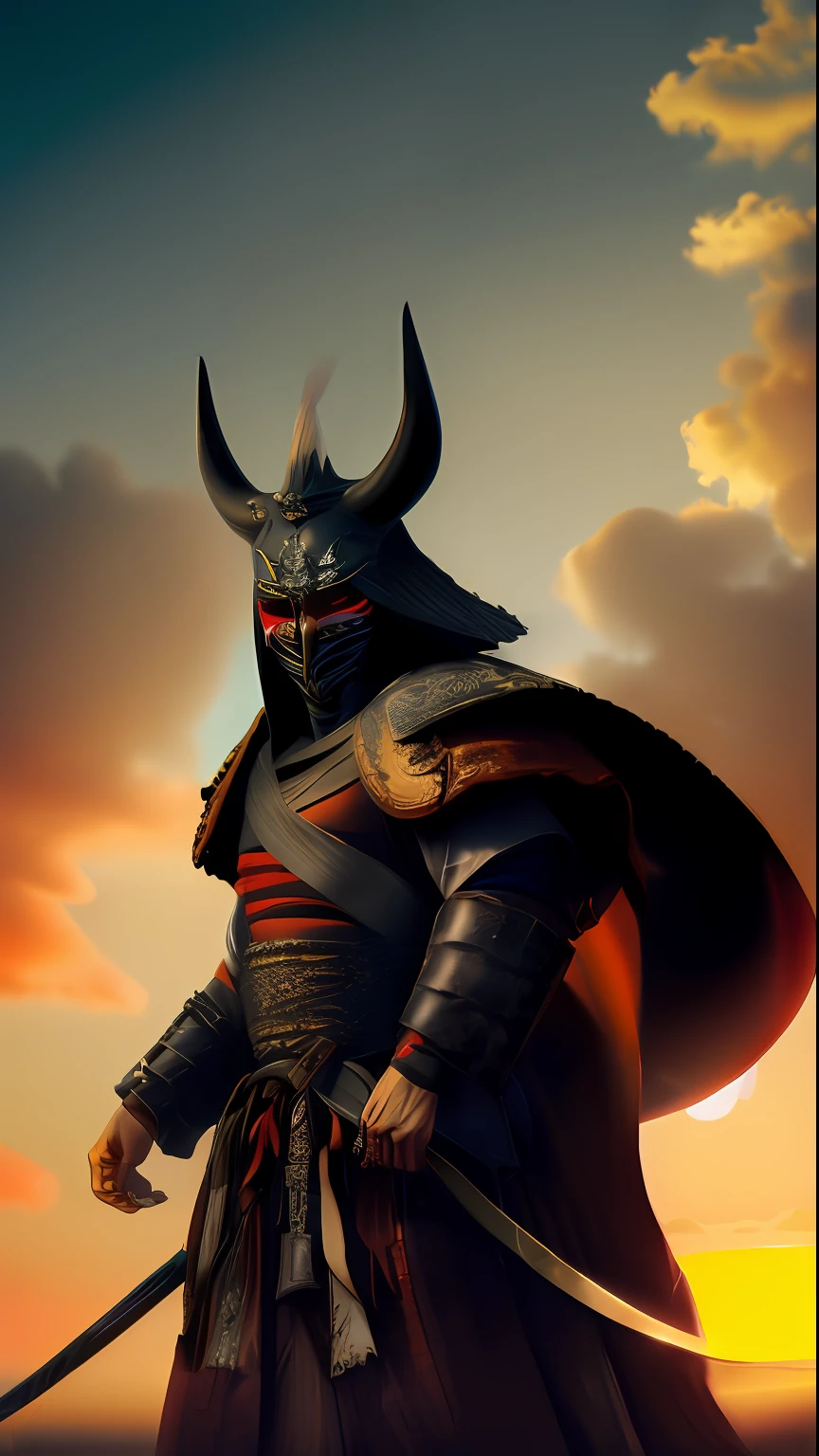 samurai wearing oni demon mask, armadura ciborgue samurai completa, heads down, na aldeia, tiro de corpo inteiro, epic realistic, (hdr:1.4), (cores silenciadas:1.4), (detalhes intrincados, hiperdetalhados:1.2), dramatic, chuva forte, sun sunset, nuvens escuras