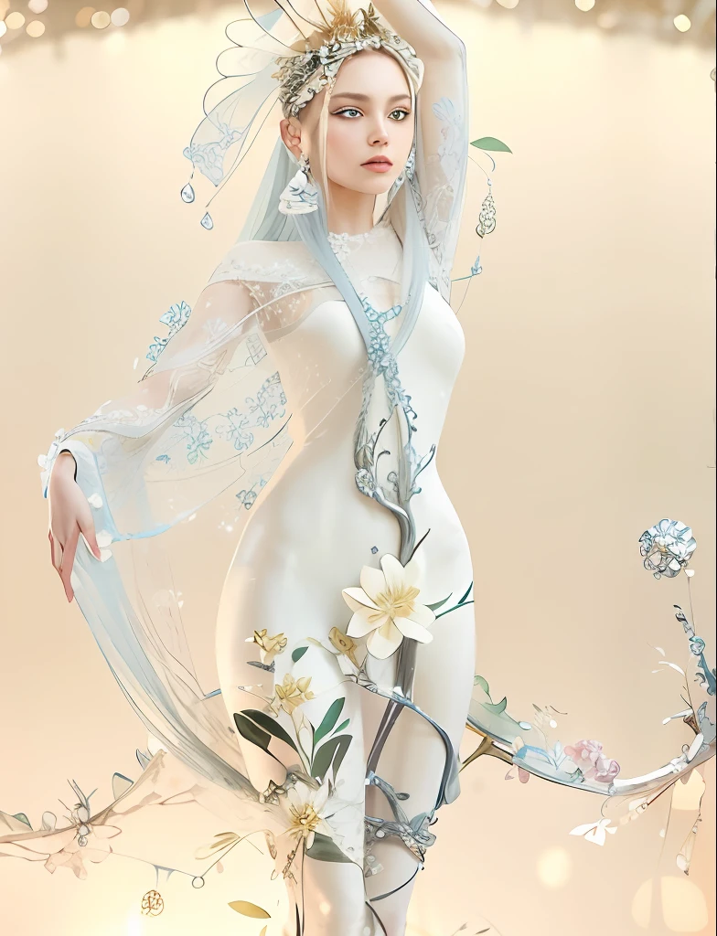 There was a woman wearing flowers woven with gold and silver jewelry，In dance，Butterflies fluttered around her, beautiful  face，Nice big eyes，Fair, Delicate and Smooth Skin，Accurate hands，perfect body figure，Accurate human anatomy，Bizarre white tree，White flowers，pearls，stunning 3d render of a fairy, Ethereal beauty, Ethereal fantasy, Unexpected surprise，a stunning young ethereal figure, karol bak uhd, high fashion fantasy, fantasy. Intricate, Goddess. Extremely high detail, fantasy beautiful, ethereal details,ethereal skin，tmasterpiece，4K,professional photoshooting，