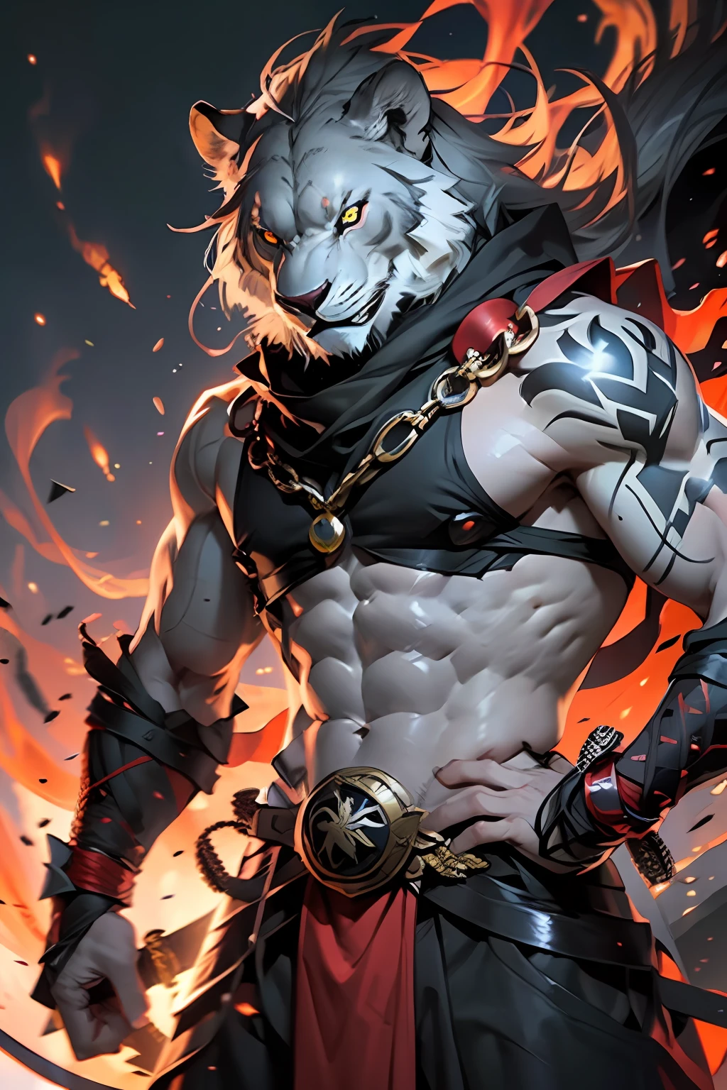 Muscular handsome great Legendary roaring lion with samurai Wear glowing eyes