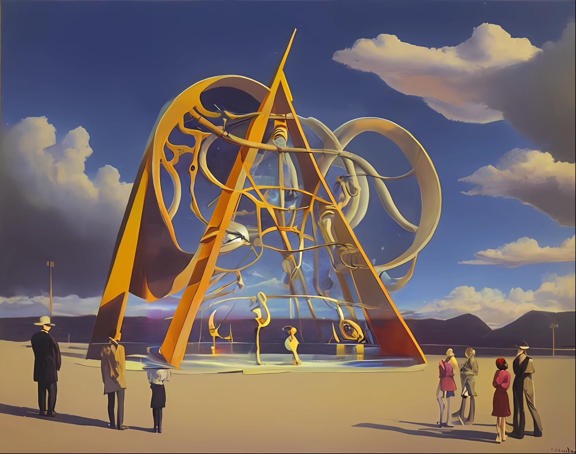 Picture of a clock with people standing around, Vladimir Tatlin, Dugald Sutherland McCall, Dalí's style, style of salvador dali, Inspired by Vladimir Tatlin, by Dali, surrealism painting, surrealism painting, Paul LaFolly, Surrealism oil on canvas, Surrealist oil painting, a surrealist painting, surrealist art real picture、realism