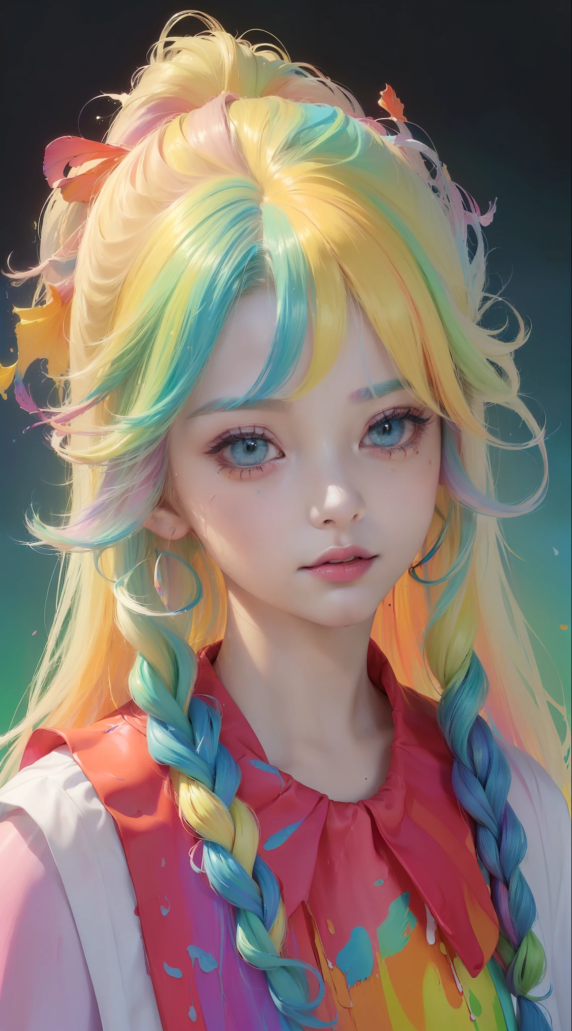 （Pink Fashion T-shirt：1.9），(Colorful hair: 1.8), (all the colours of the rainbow: 1.8),(((((vertical painting：1.6))), （painting：1.6），front, comics, illustrations, paintings, large eyes, crystal clear eyes,（ rainbow color gradient high ponytail：1.7）, exquisite makeup, closed mouth,(Small Fresh: 1.5),(Wipe Chest: 1.6) ，long eyelashes, white off shoulder T-shirt, White Shoulder Shirt，looking at the audience, large watery eyes, (rainbow colored hair：1.6), color splash, （solo：1.8）, color splash, color explosion, thick paint style, messy lines, ((shining))，(colorful), (colorful), (colorful), colorful, Thick Paint Style, (Splash) (Color Splash), Vertical Painting, Upper Body, Paint Splash, Acrylic Pigment, Gradient, Paint, Highest Image Quality, Highest Quality, Masterpiece, Solo, Depth of Field, Face Paint, colorful clothes, (Elegant: 1.2), gorgeous,long hair, wind, (Elegant: 1.3), (Petals: 1.4)，(((masterpiece))),(((best quality))),((ultra-detailed)),(illustration),(dynamic angle),((floating)),(paint),((disheveled hair)),(solo),(1girl) , (((detailed anima face))),((beautiful detailed face)),collar,bare shoulders,white hair, ((colorful hair)),((streaked hair)),beautiful detailed eyes,(Gradient color eyes),(((colorful eyes))),(((colorful background))),(((high saturation))),(((surrounded by colorful splashes))),
