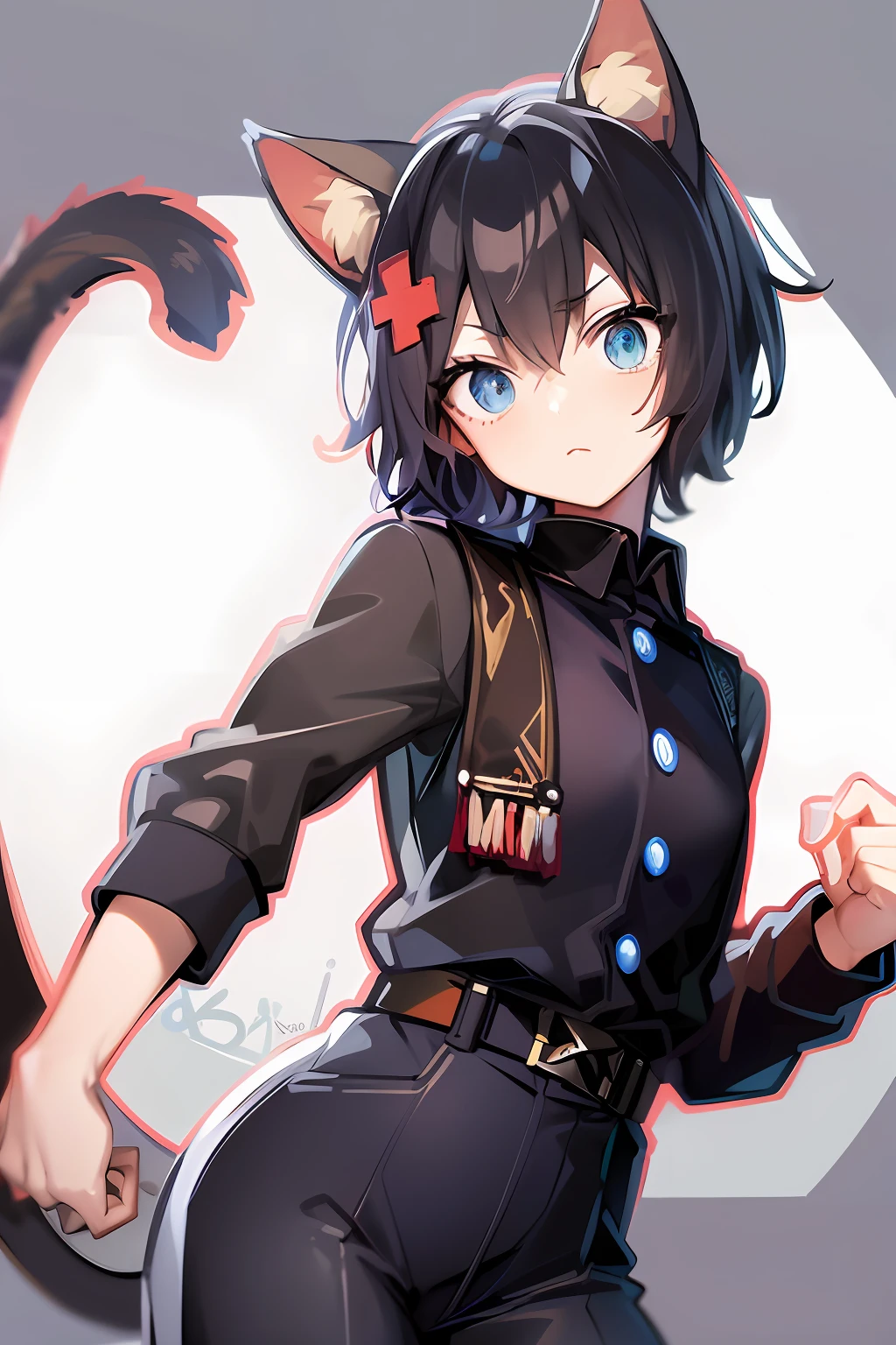 An anime character with a cat in a blue uniform and a red bow, 2 d anime style, Also, 2d anime, anime moe art style, Boy with cat ears and tail, blue uniforms, Otaku Gangasta, Kill Pull Kill illustration, zerochan, kill la kill, gapmoe yandere, cute anime catgirl, neferpitou, anime figure