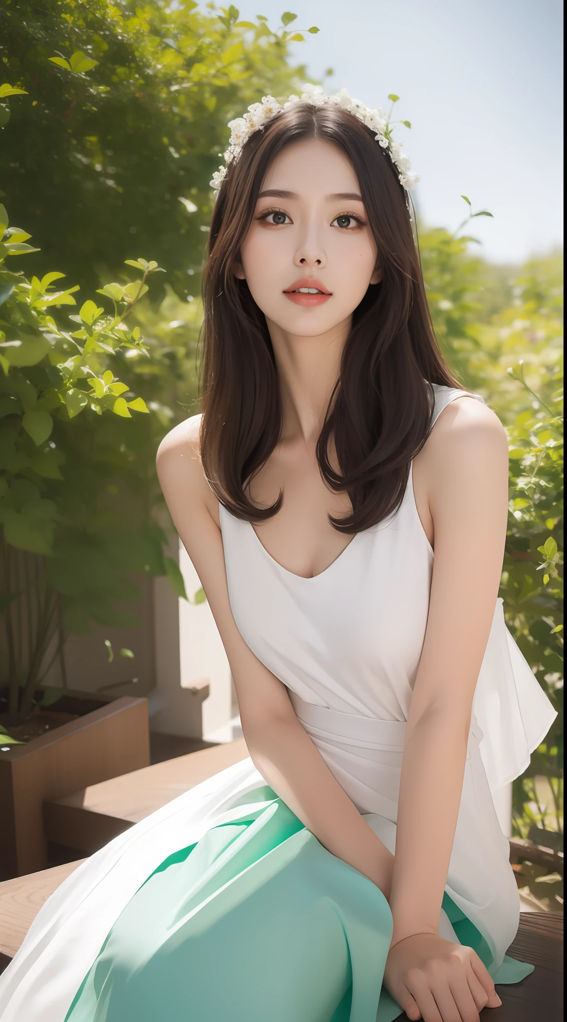 Fashion model 18 years old [[[[closeup cleavage]]]], [[[[boobgasm]]]], [[[[coll]]]], [[[[bshoulders]]]], perfect  eyes, Perfect iris，Perfect lips，perfect teeth，Perfect skin，Long face，slender nose，with fair skin，Soft front light，hdr，Movie girl，Casual，long whitr hair，Long hair with a shawl，The background is outdoors，Green trees and flowers（pastel colour：1.2）