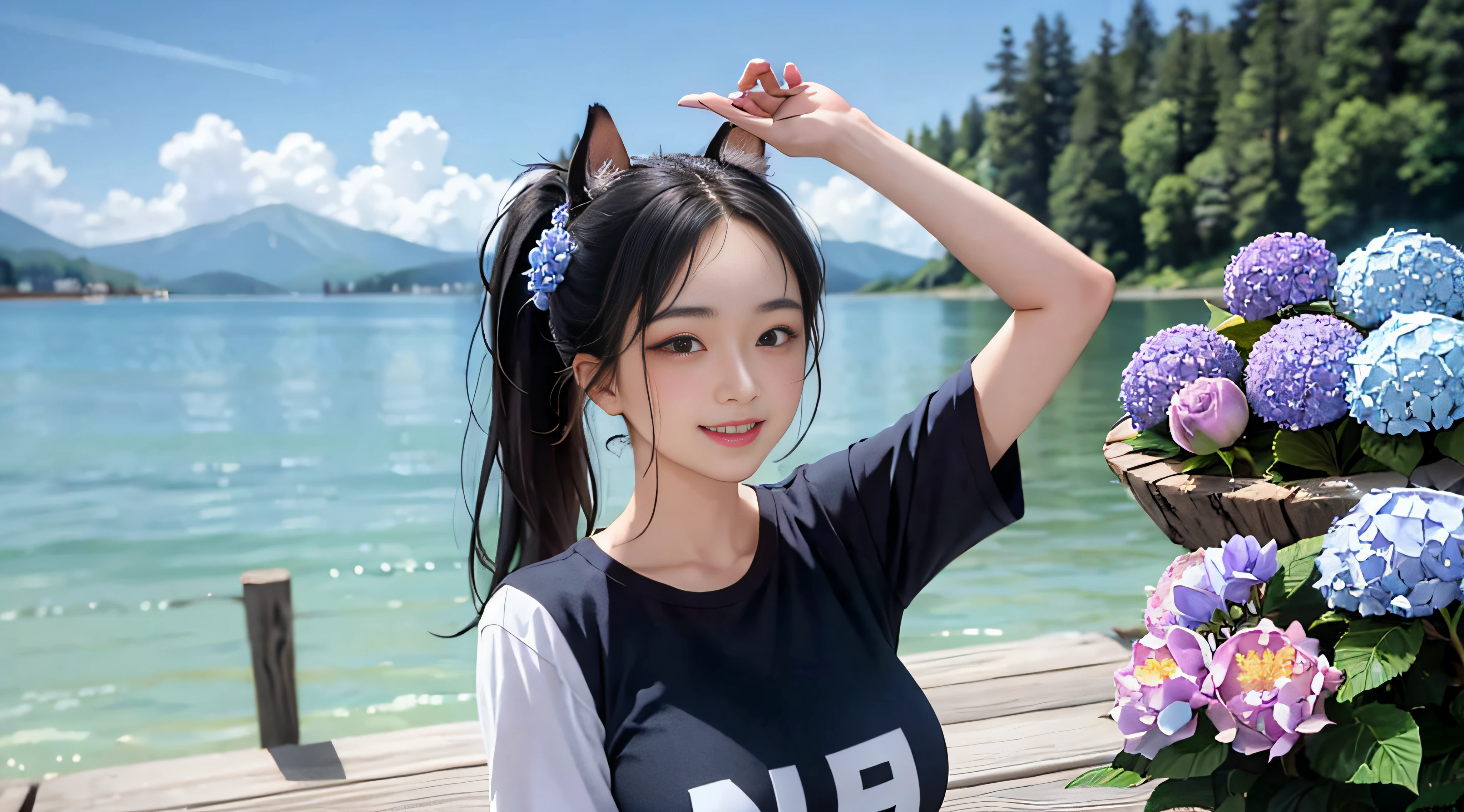 On the blue sky,There are seven rainbow flowers during the day in summer,and the sun was shining brightly,There is soft natural light, Dingdall effect,An intimate portrait of a young girl about eighteen years old,The girl's appearance is thick eyebrows,There are big watery eyes,The girl has long black hair,Wear crossed bangs,front ponytail,The head is decorated with rabbit ears,She blushed,Stand on a wooden pier,Wearing a pale green T-shirt,There is also a cute black and white border collie next to the girl,A wooden pier juts out onto the tranquil lake,The girl kept her mouth shut,Toothy smiled and looked at the audience,A hand beckons to the audience,A happy smile on his face。The sun casts a warm glow on the scene,Illuminate ripples in the water,Cast a soft shadow on the girl's face。Behind her,The sea of purple and saffron stretches into the distance,There are peony flowers,Rosa flowers,hydrangeas,The variety of flowers contrasts with the pale blue sky above。Despite the tranquility of the surroundings,But there was a palpable sense of joy in the girl。