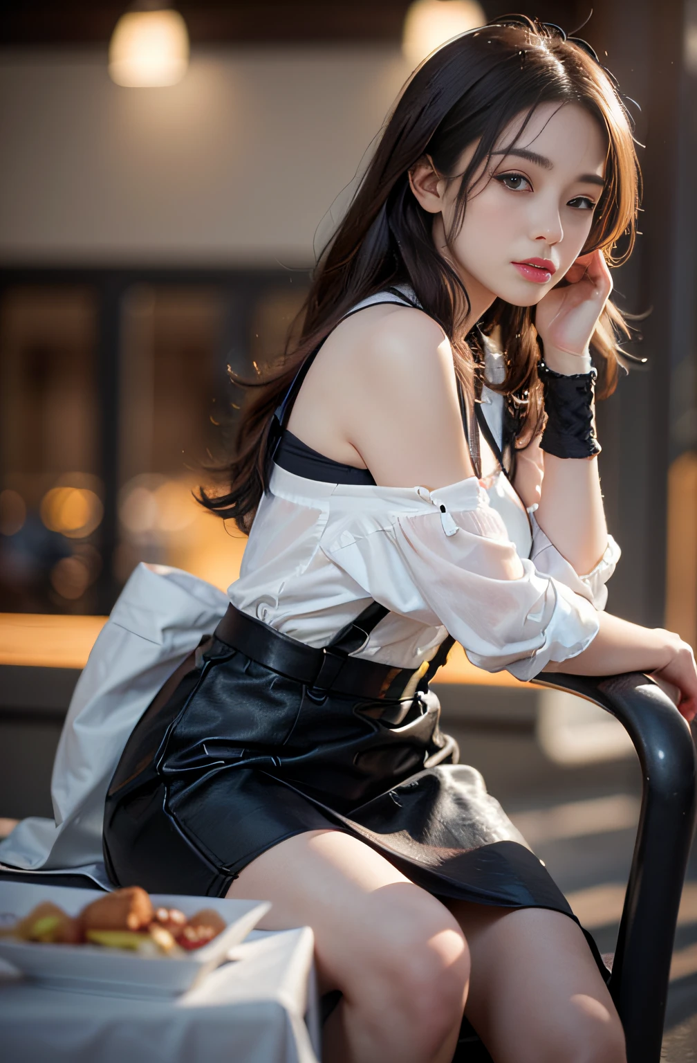 best quality, masterpiece, 1 girl, beautiful face, (photo photo:1.3), edge lighting, (high detail skin:1.2), 8k ultra hd, dslr camera, high quality, high resolution, 4k, 8k, bokeh, ridiculous, best ratio four fingers and one thumb, (realistic:1.3), cute 1girl, wearing black suspenders, medium breasts, short skirt,