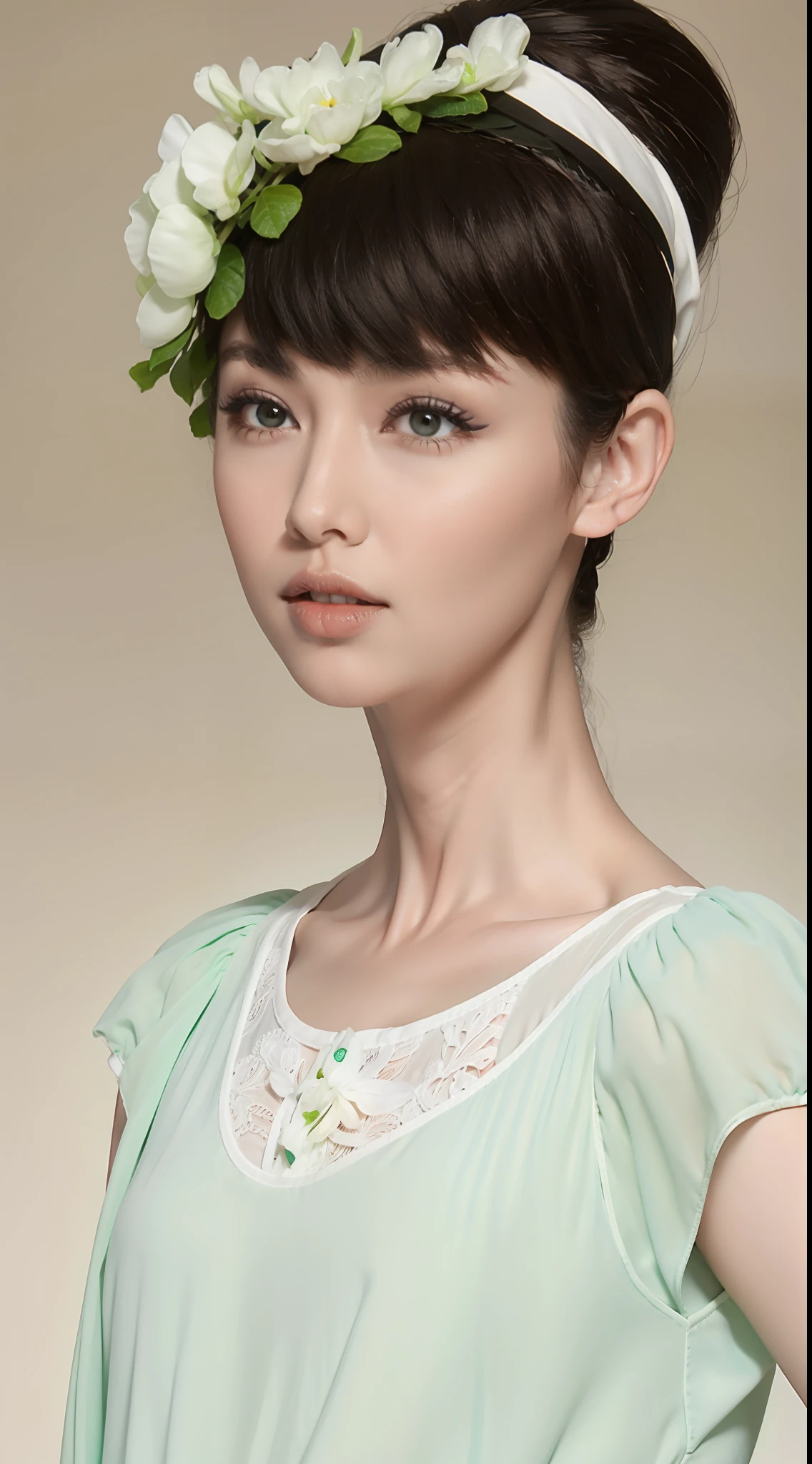 Fashion model 20 years old [[[[closeup cleavage]]]], [[[[boobgasm]]]], [[[[coll]]]], [[[[bshoulders]]]], perfect  eyes, Perfect iris，Perfect lips，perfect teeth，Perfect skin，Long face，slender nose，with fair skin，Soft front light，hdr，Movie girl，white  clothes，Casual，The background is outdoor，Green trees and flowers，（pastel colour：1.2）
