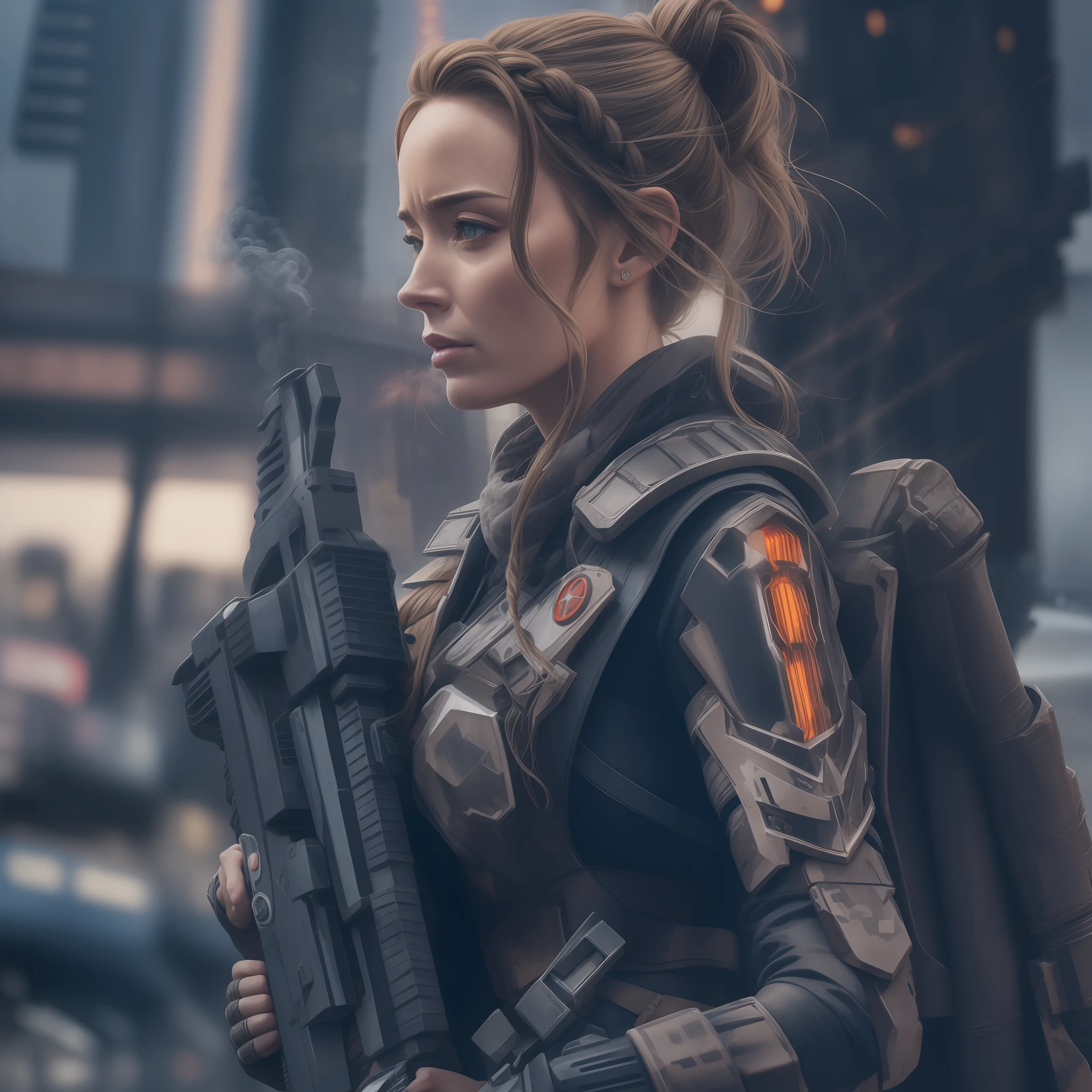 Emily Blunt, 25 anos, (Dutch braided hair) in Evangelion armor behind a barricade, carrying a laser assault rifle in his hands, dinamic poses, olhar serio, Combates intensos, foto de corpo inteiro, Cyberpunk, mega tokyo, Fires and smoke, Nokia camera, modelshoot, corpo atletico, Post-apocalyptic Paris, Eiffel Tower destroyed, dia