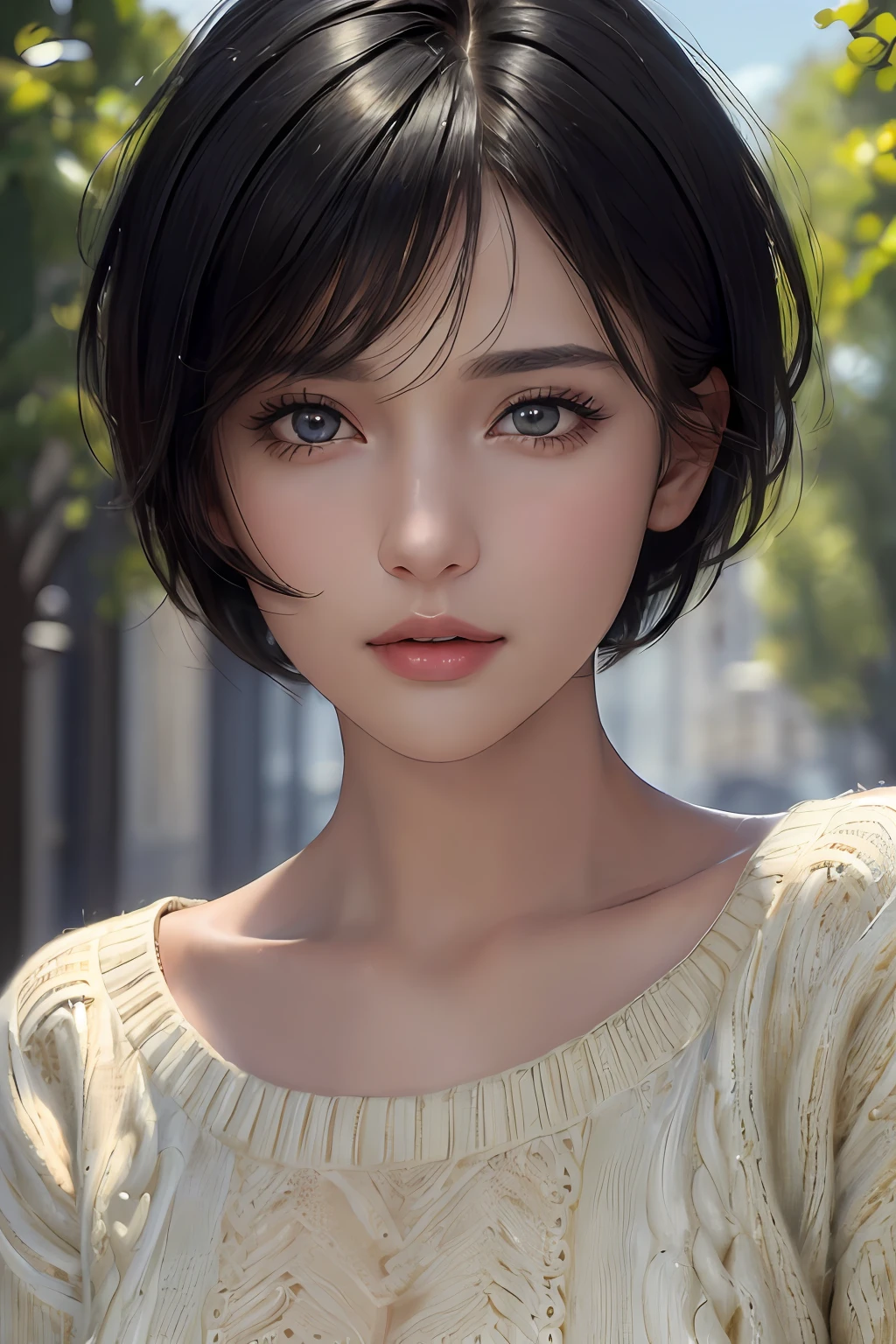 (masterpiece:1.3), (8k, photorealistic, RAW photo, best quality: 1.4), (1girl), beautiful face, (realistic face), (black hair, short hair:1.3), beautiful hairstyle, realistic eyes, beautiful detailed eyes, (realistic skin), beautiful skin, (sweater), absurdres, attractive, ultra high res, ultra realistic, highly detailed, golden ratio