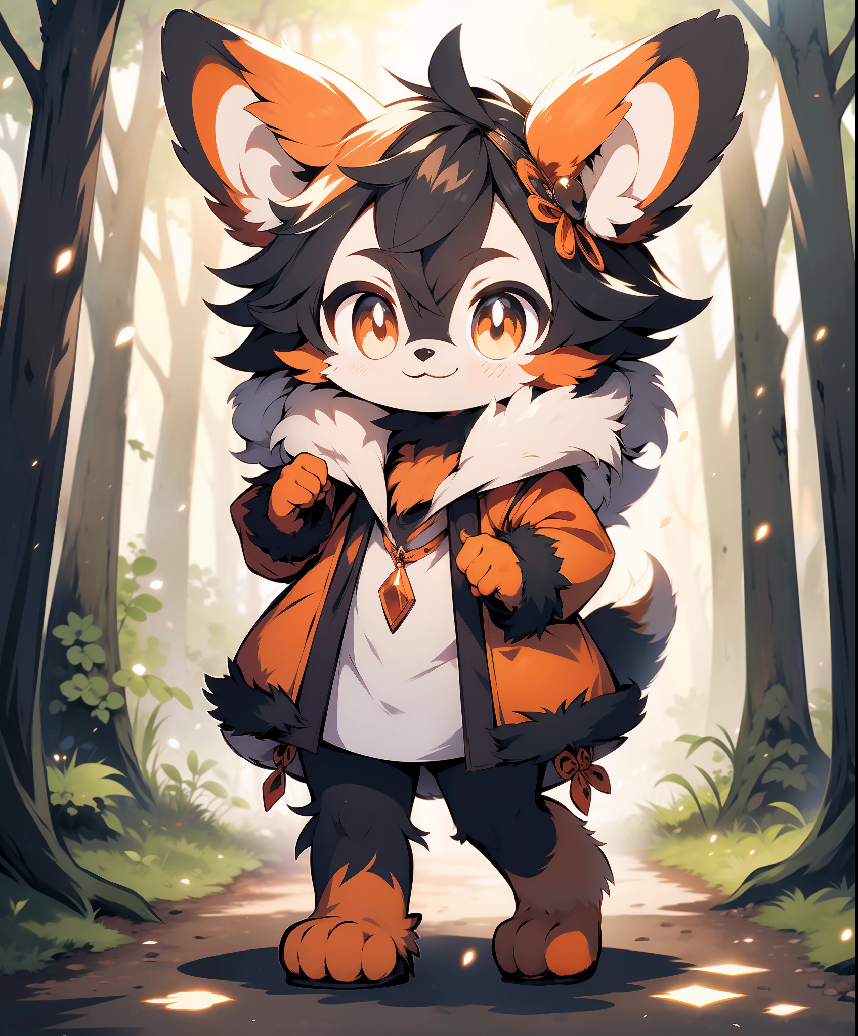 furry, orange fur, two tone fur, full body,smile, in forest, dressing