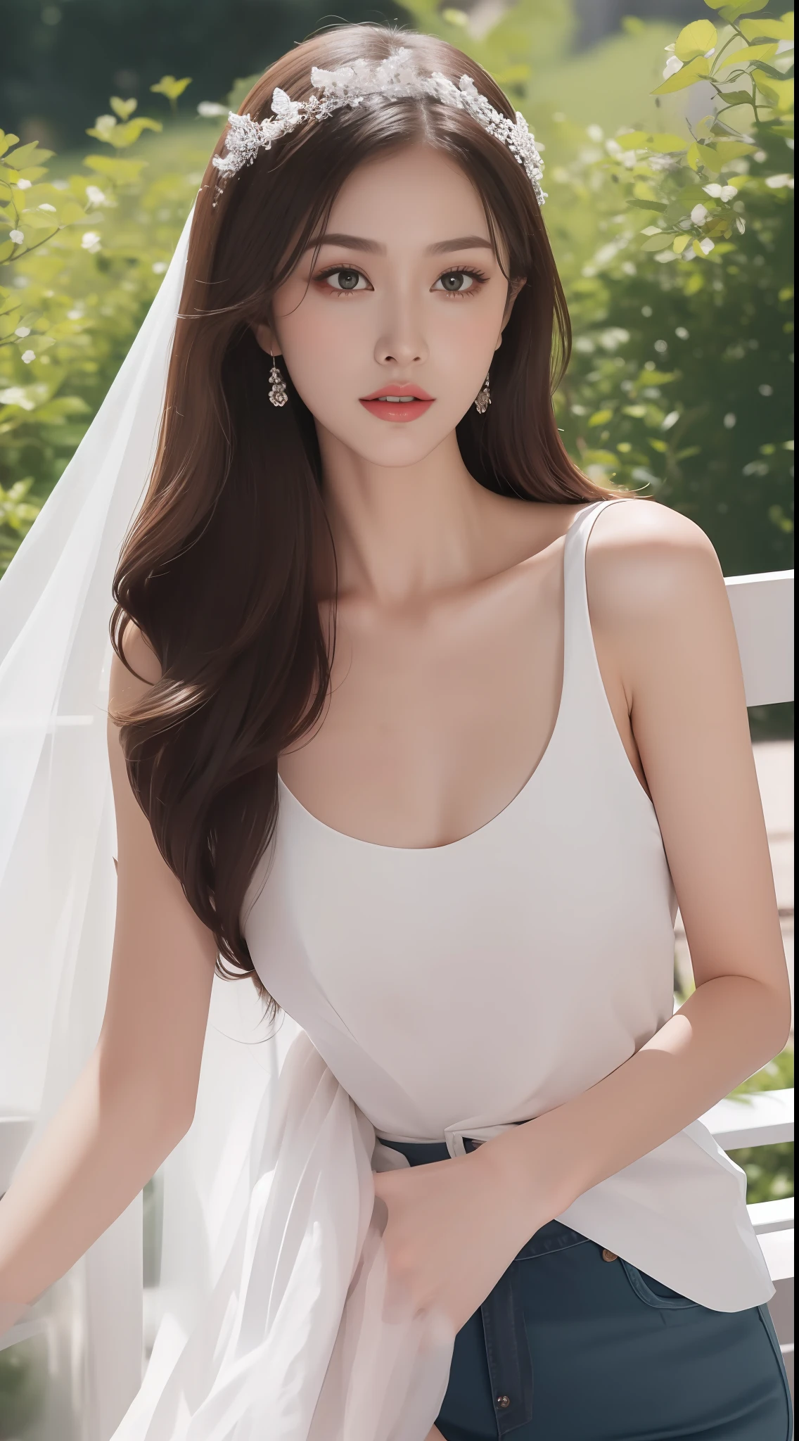Fashion model 18 years old [[[[closeup cleavage]]]], [[[[boobgasm]]]], [[[[coll]]]], [[[[bshoulders]]]], perfect  eyes, Perfect iris，Perfect lips，perfect teeth，Perfect skin，Long face，slender nose，with fair skin，Soft front light，hdr，Movie girl，Casual，long whitr hair，Long hair with a shawl，The background is outdoors，Green trees and flowers（pastel colour：1.2）