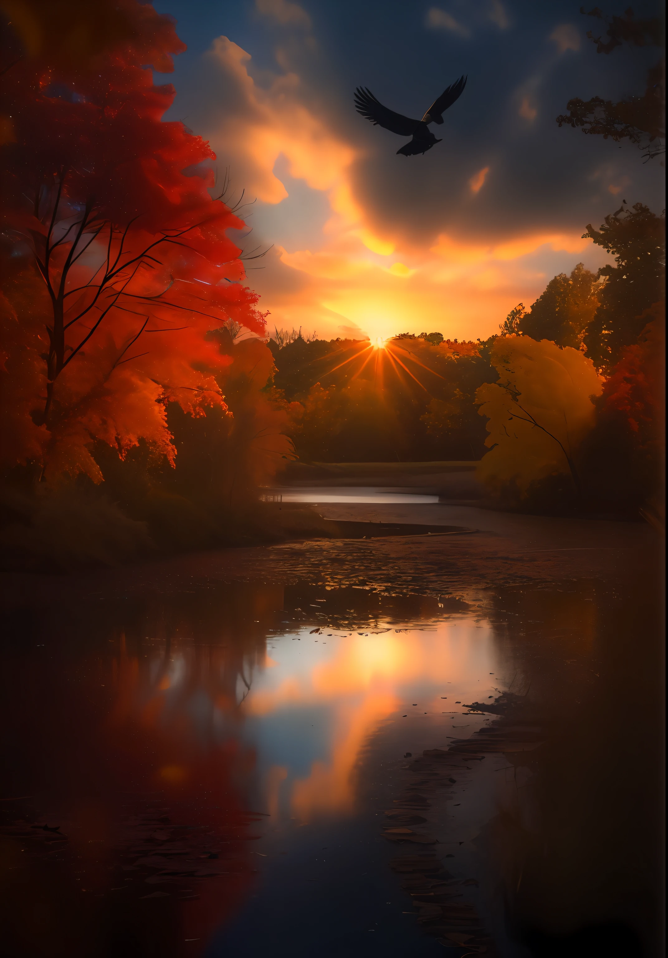 Arafard image of birds flying over ponds in autumn, autumn sunset, warm beautiful scene, at sunset in autumn, autumn tranquility, autumn sunrise warm light, autumn sunlights, Autumn light colors, soft autumn sunlight, autumn light, Autumn lights, stunning light reflections, sunset with falling leaves, glowing reflections, Dramatic reddish light, big breasts enchanting