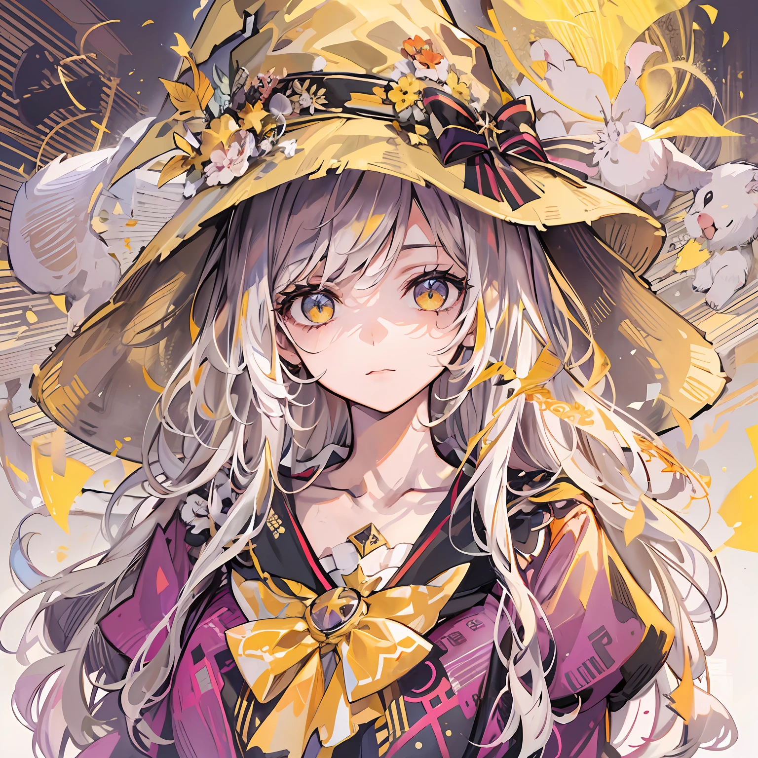 tmasterpiece，Best quality at best，one-girl，Smoky eyes，Japanese manga style，quadratic element，delicated，a witch's hat，Yellow-white gradient hair