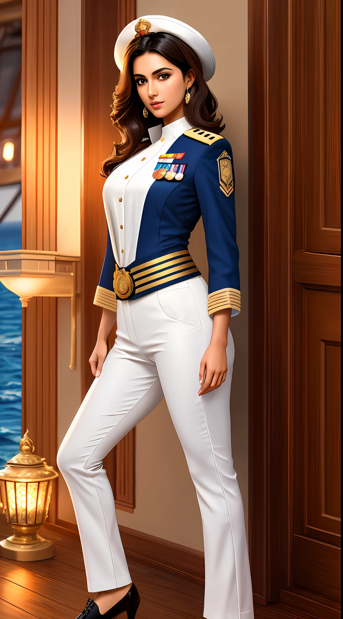 4K, Masterpiece, highres, beautiful dark haired mod_woman, wearing ship captain dress, perfect mod_bodyy, 25 year old indian beautiful girl, beautiful face, beautiful body, white tight shirt, rank, medal, black pant, black formal shoe, on a ship in the sea, dressed as ship captain, super lighting, beautiful natural background, highly detailed, hyper realistic, dynamic pose