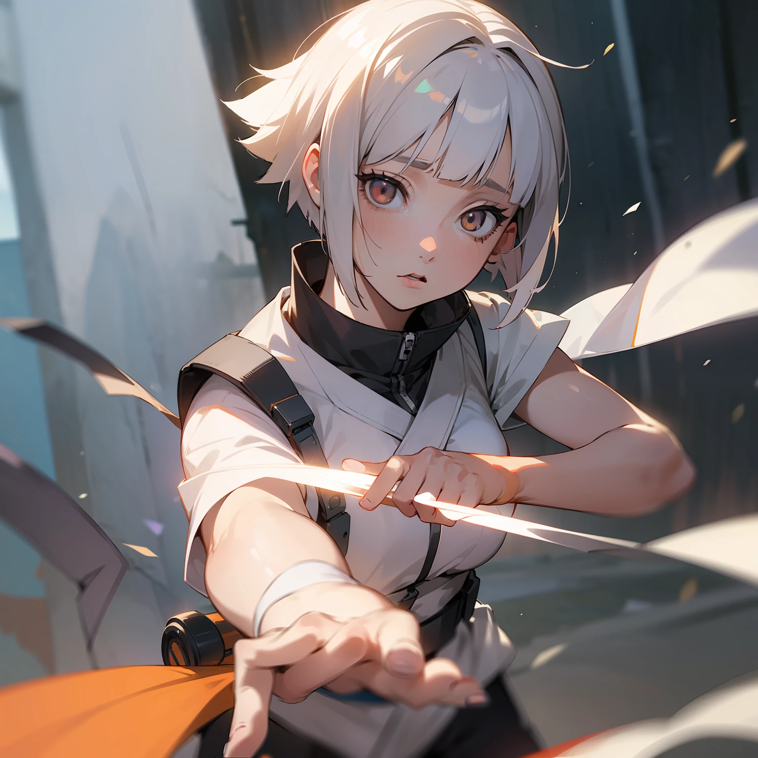 (masterpiece), (best quality), realistic, cinematic light, Hinata from Naruto, cool pose, battlefield background, perfect body, white eyes, white bobcut hair