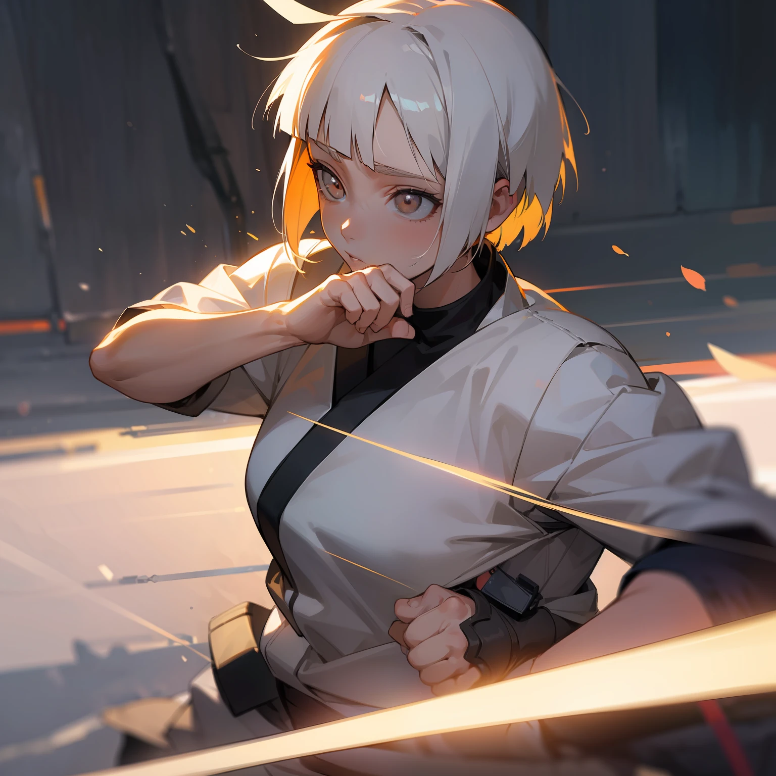 (masterpiece), (best quality), realistic, cinematic light, Hinata from Naruto, cool pose, battlefield background, perfect body, white eyes, white bobcut hair