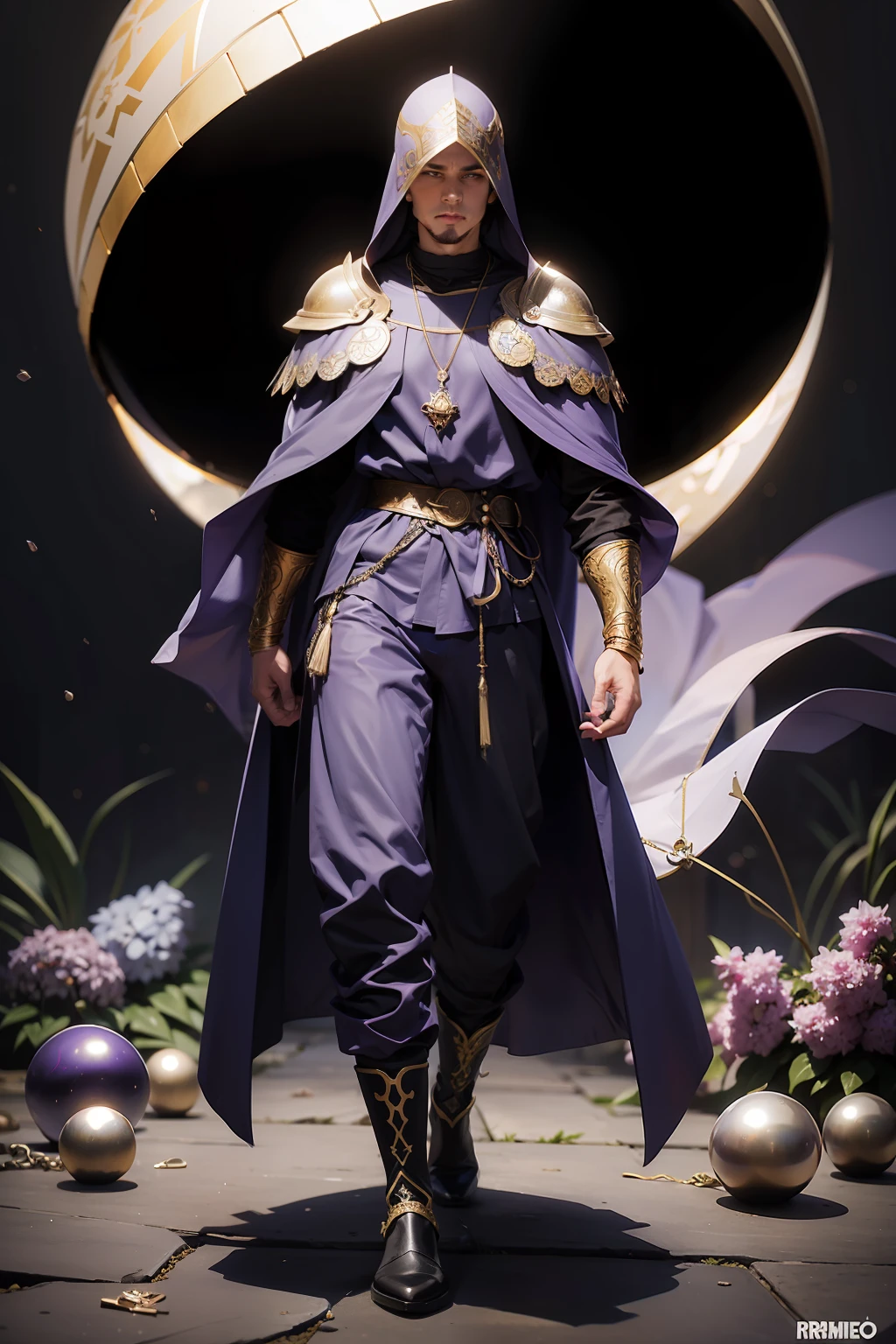 realista, Homem, meia idade, cabelo preto, lilac medieval mantle, Armadura medieval, (necklace with large spheres on the neck), Pants, mundo, corpo todo, fundo branco