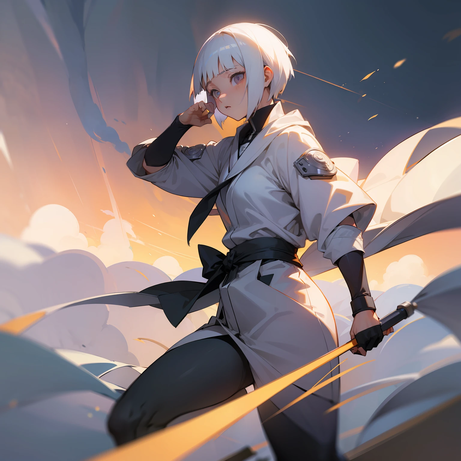 (masterpiece), (best quality), realistic, cinematic light, Hinata from Naruto, cool pose, battlefield background, perfect body, white eyes, white bobcut hair