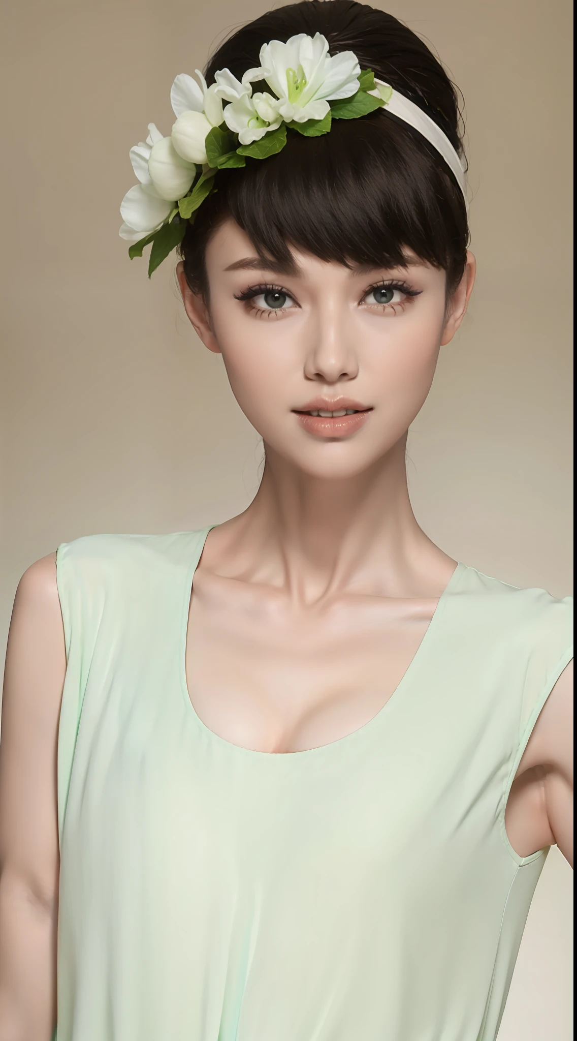 Fashion model 20 years old [[[[closeup cleavage]]]], [[[[boobgasm]]]], [[[[coll]]]], [[[[bshoulders]]]], perfect  eyes, Perfect iris，Perfect lips，perfect teeth，Perfect skin，Long face，slender nose，with fair skin，Soft front light，hdr，Movie girl，white  clothes，Casual，The background is outdoor，Green trees and flowers，（pastel colour：1.2）