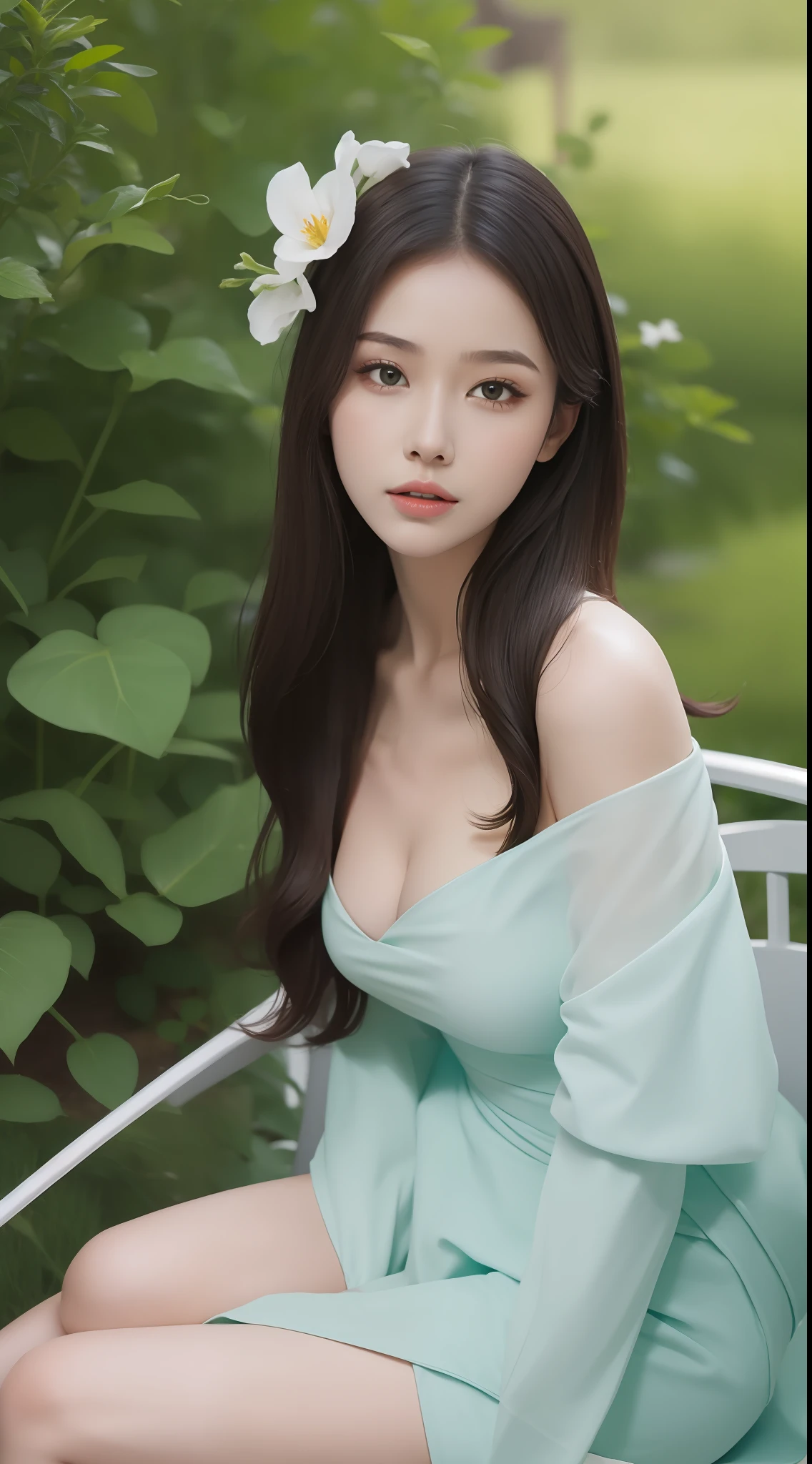 Fashion model 18 years old [[[[closeup cleavage]]]], [[[[boobgasm]]]], [[[[coll]]]], [[[[bshoulders]]]], perfect  eyes, Perfect iris，Perfect lips，perfect teeth，Perfect skin，Long face，slender nose，with fair skin，Soft front light，hdr，Movie girl，Casual，long whitr hair，Long hair with a shawl，The background is outdoors，Green trees and flowers（pastel colour：1.2）