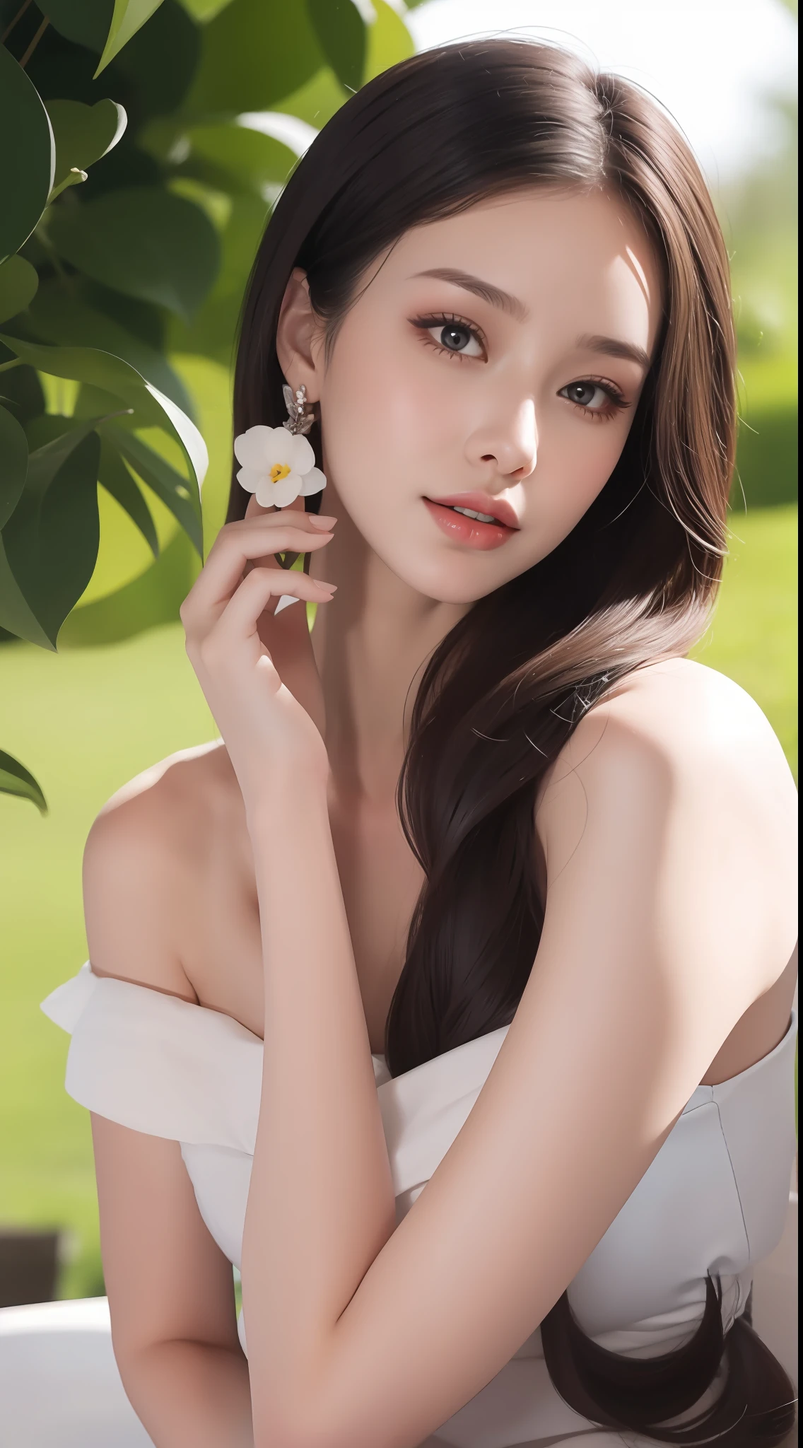 Fashion model 18 years old [[[[closeup cleavage]]]], [[[[boobgasm]]]], [[[[coll]]]], [[[[bshoulders]]]], perfect  eyes, Perfect iris，Perfect lips，perfect teeth，Perfect skin，Long face，slender nose，with fair skin，Soft front light，hdr，Movie girl，Casual，long whitr hair，Long hair with a shawl，The background is outdoors，Green trees and flowers（pastel colour：1.2）