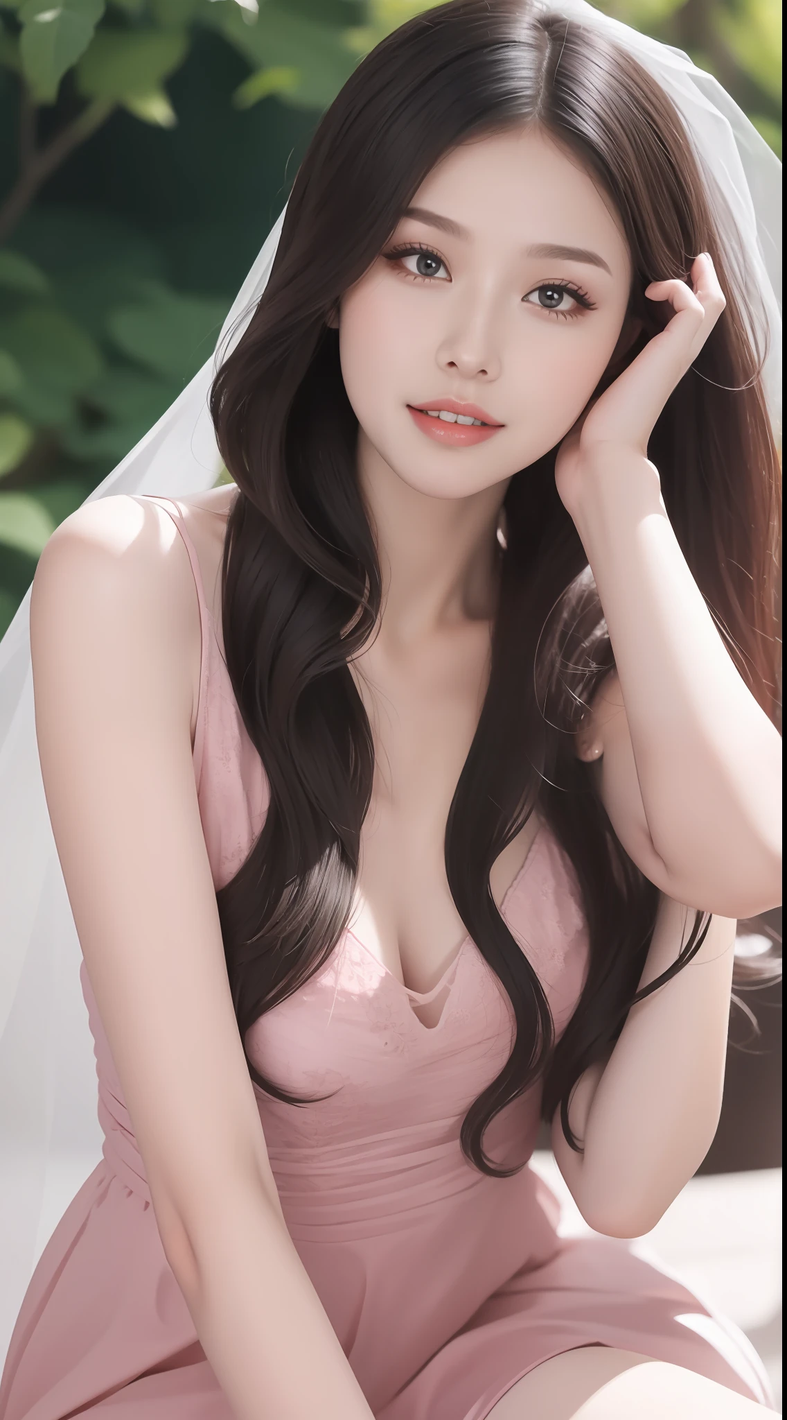 Fashion model 18 years old [[[[closeup cleavage]]]], [[[[boobgasm]]]], [[[[coll]]]], [[[[bshoulders]]]], perfect  eyes, Perfect iris，Perfect lips，perfect teeth，Perfect skin，Long face，slender nose，with fair skin，Soft front light，hdr，Movie girl，Casual，long whitr hair，Long hair with a shawl，The background is outdoors，Green trees and flowers（pastel colour：1.2）