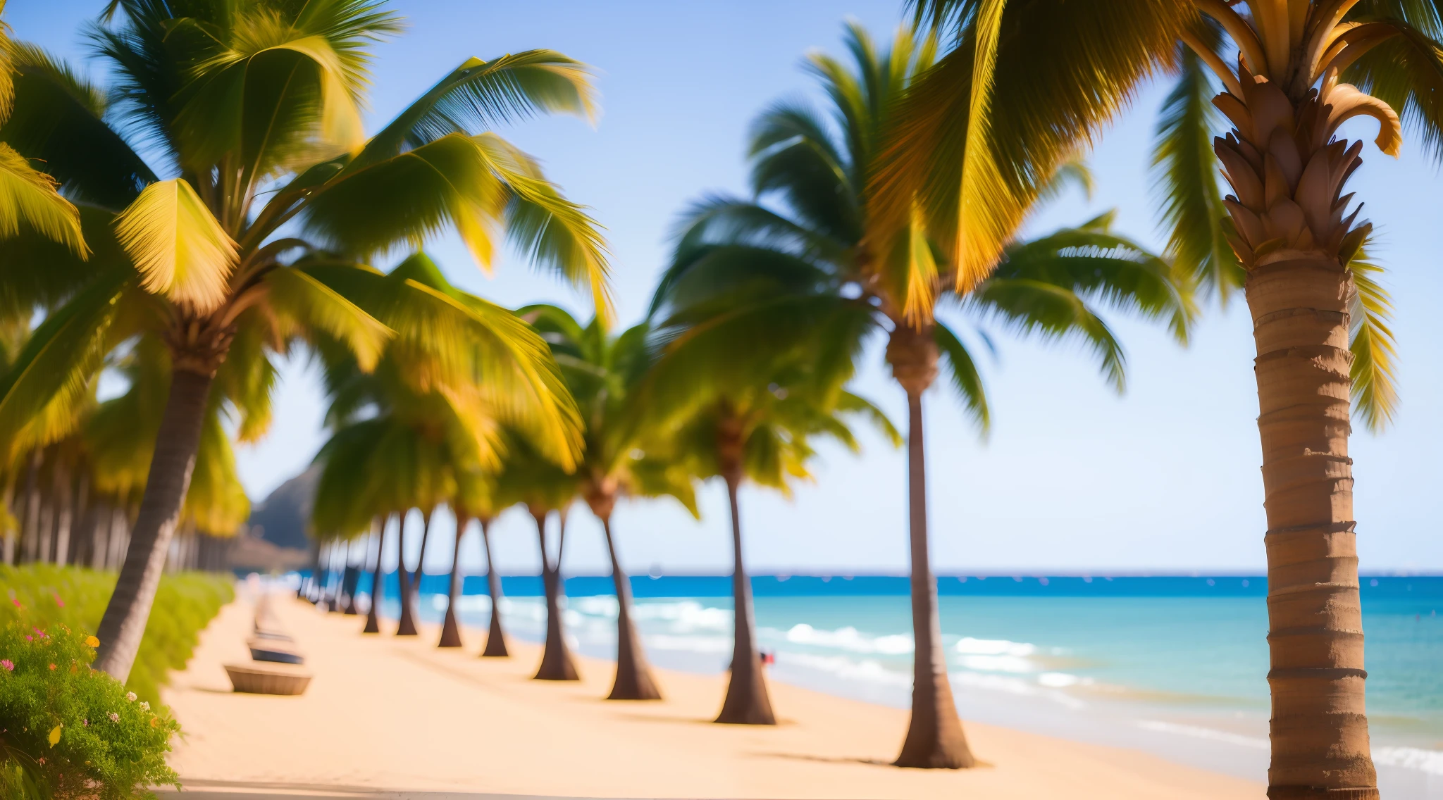 Obra-prima, foto premiada, extremamente detalhada, palmeira numa praia linda, various palm trees, muito detalhadas