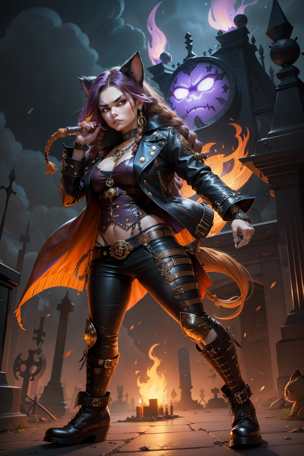 persian cat Anthropomorphic, steampunk ,, , studded leather jacket with intricate ornamentation orange and purple , pirate steampunk theme,, , highest quality,, very angry face, body fitness, full body, long hair with braids , at night in the cemetery with fireflies