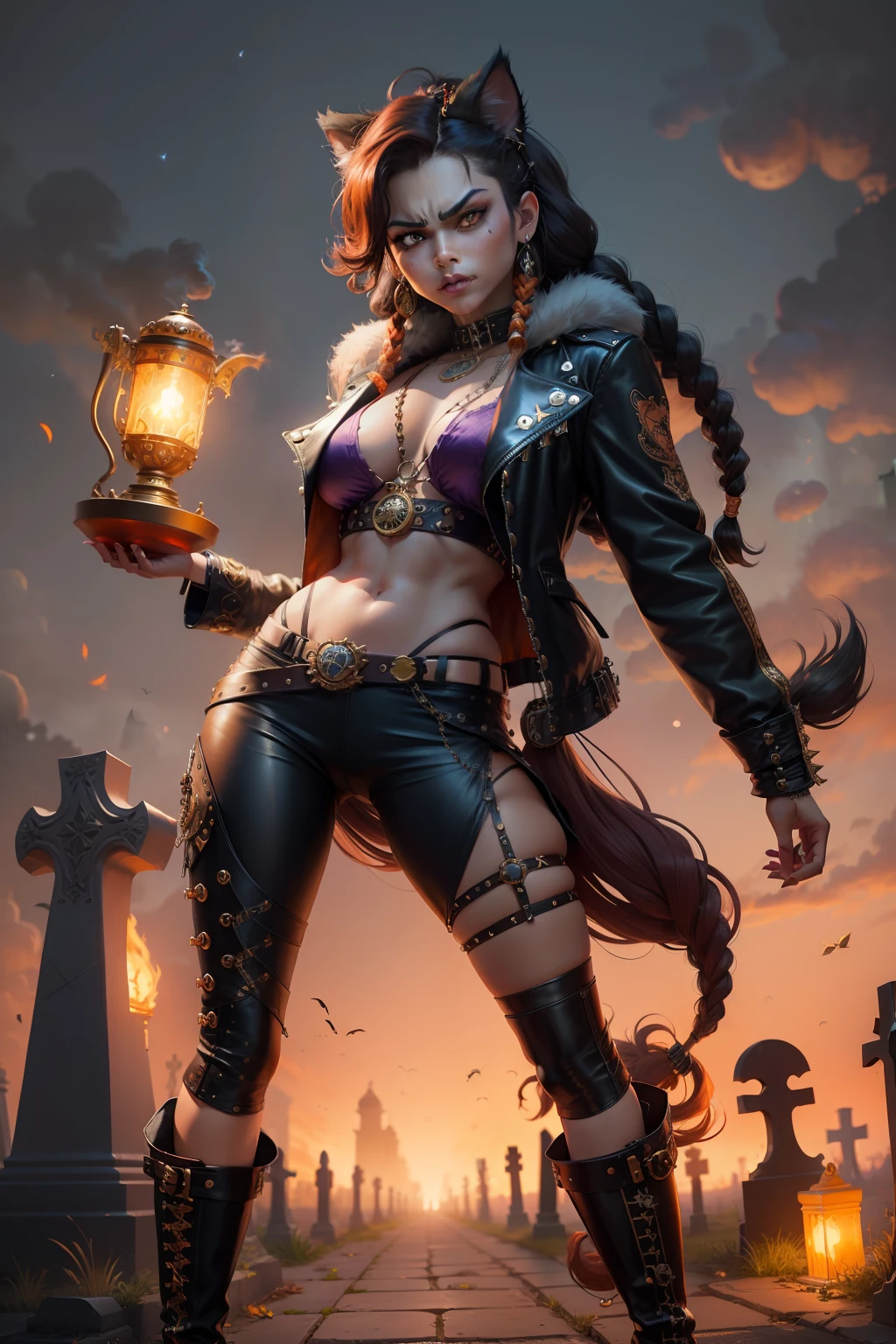 persian cat Anthropomorphic, steampunk ,, , studded leather jacket with intricate ornamentation orange and purple , pirate steampunk theme,, , highest quality,, very angry face, body fitness, full body, long hair with braids , at night in the cemetery with fireflies