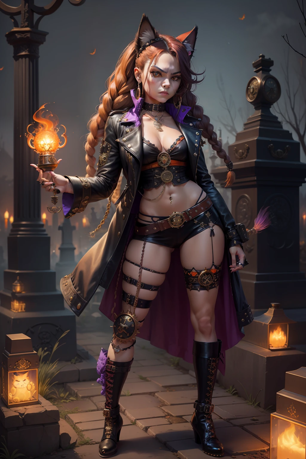 persian cat Anthropomorphic, steampunk ,, , studded leather jacket with intricate ornamentation orange and purple , pirate steampunk theme,, , highest quality,, very angry face, body fitness, full body, long hair with braids , at night in the cemetery with fireflies