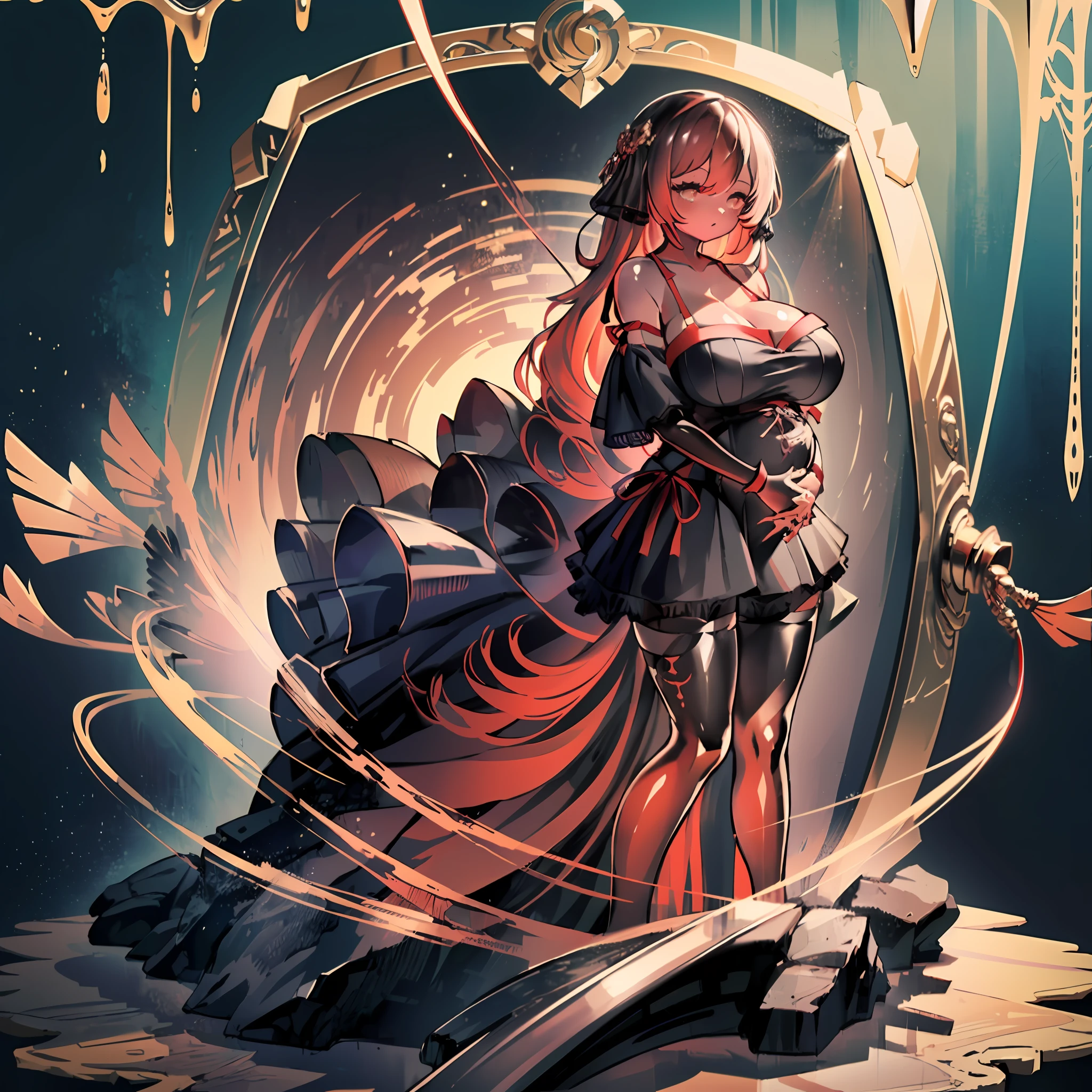 (Golden ratio:1.2),[(with black background:1.4)::10],(Masterpiece), (Best quality), (Ultra detailed),(Disheveled hair),(illustration),(细腻细致), (Intricate details), (Cinematic light, 最优质的背光), 清晰的线条, 独奏，perfect bodies，(1girll:1.3),SWAV,Solo,full bodyesbian,Slime girl,(Transparent red skin:1.4),（Exaggerated body proportions）,（Nine-headed body）,(/The girl is a plump mature woman:1.4)/,Dark red hair,orange eyes,slanted bangs,Extra-long, wavy curls,gigantic cleavage breasts,(Heavy breasts:1.2)+(long breasts:1.3)+(Crazy swollen breasts:1.4),(Breasts are larger than the torso:1.3),(Chrome red lace trim off-the-shoulder strap sleeve ruffled dress:1.3),(Stand on a pile of lava bubbling rock:1.2)+(The lower body is dissolving:1.3)+[(Inception:1.2)],hyper HD, retinas, Anatomically correct, Textured skin, Super detail, Best quality,