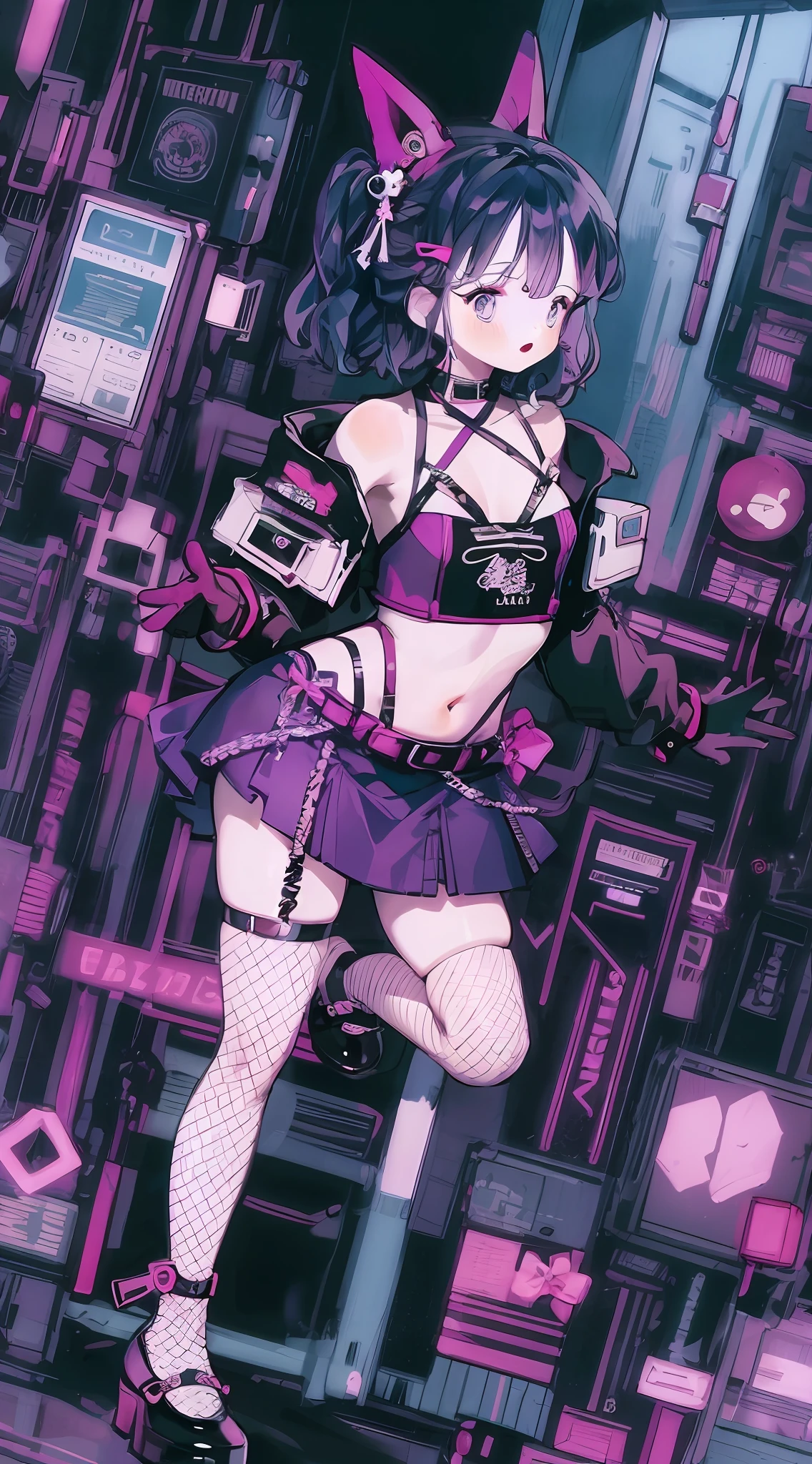 1girll，Personal illustrator，leg loops，leg holsters，mitts，very intricate，Exquisite，Complex hairstyles，Purple skirt，frilld，short  skirt，Bow knot，Cross straps，bandagens，Y2K，E-girls，Emotional，non-mainstream，dynamicposes，Dramatic composition，Love decoration，subculture，Sick，laughingly，Avant-garde and innovative clothing design，Black fishnet socks，waist chains，platform footwear，Glowing ornaments，LED light，Long boot leg covers，thongs，cyber punk perssonage，Opal-like sparkling eyes，Carefully portray the eyes