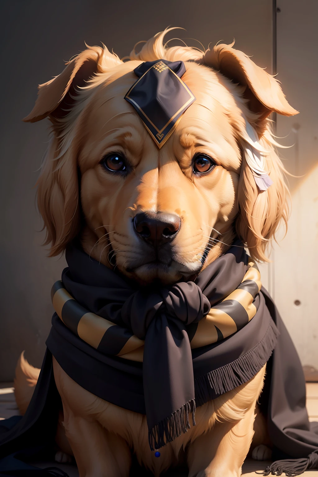 por favor, crie um rosto de golden retriever vestido com uma boina azul, and a black scarf around his neck
