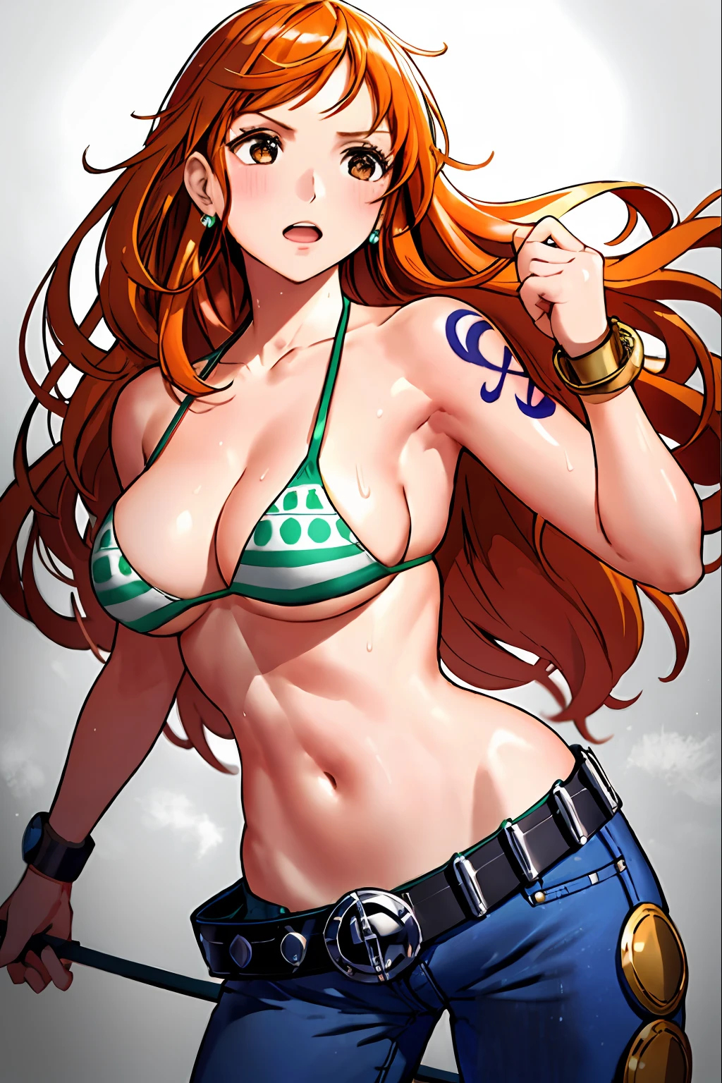 WALLPAPER, detailed background, wrestling stage, wrestling match, ((((leaning on turnbuckle: 1.9, armpits: 1.1, victory pose: 1.8))), masterpiece, 4k, (wwe:1.1), turnbuckle, (((wrestling ring robes behind))), wrestling robes, epic, best quality, late youth, adult, wrestler body, strong, 1girl, active, energic, (large mouth) , solo, nami \(one piece\), 1girl, bangle, (open mouth, exhausted, shouting, sweaty face, leaning, serious, glaring, open eyes, perfect detailed face, round face, sweat on face) bold drawing lines, muscular arms, detailed bold arm lines, flat jaw, adult woman, wavy wide streaked bangs, floating bang, (big cheeks), bare shoulders, belt, bikini, bikini top only, bracelet, springy breasts, breast lines, big round eyes, very big brown shiny eyes, high eye position, cleavage, denim, earrings, floating hair, shiny hair, green belt, green bikini, bold groin lines, jeans, jewelry, medium breasts, log pose, long hair, looking at viewer, big navel, wet hair, orange hair, pants, shoulder tattoo, sidelocks, solo, standing, stomach, swimsuit, tattoo, looking at viewer, open mouth, detailed left arm, big forehead, hourglass figure, small head, toned body, wide hair, wind effect, narrow small ears angle, older, (((midsection shot only))),