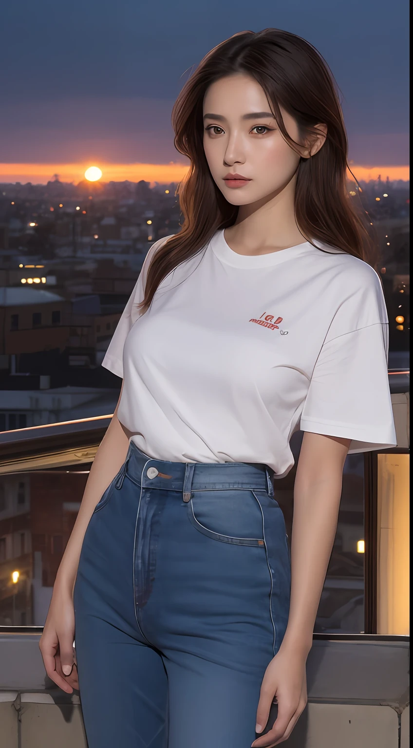 ((the setting sun, Need, 8k, tmasterpiece:1.3)), full bodyesbian, Long legs, Focalors:1.2, perfect figure beautiful woman:1.4, Slim abs:1.1, ((Dark brown hair, huge tit:1.1 )), (white tight t-shirt, denim pant, standing on your feet:1.2), ((city night scene, the roof:1.3)), Highly detailed facial and skin texture, A detailed eye, 二重まぶた