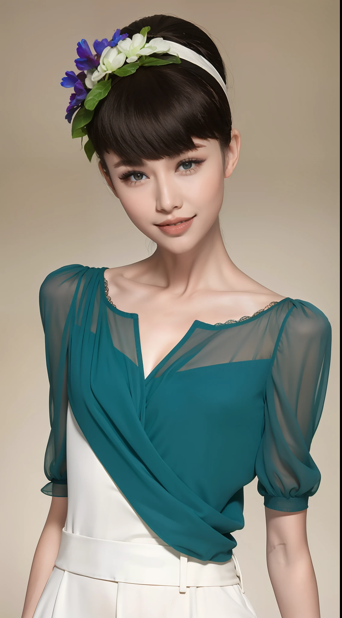 Fashion model 20 years old [[[[closeup cleavage]]]], [[[[boobgasm]]]], [[[[coll]]]], [[[[bshoulders]]]], perfect  eyes, Perfect iris，Perfect lips，perfect teeth，Perfect skin，Long face，slender nose，with fair skin，Soft front light，hdr，Movie girl，white  clothes，Casual，The background is outdoor，Green trees and flowers，（pastel colour：1.2）