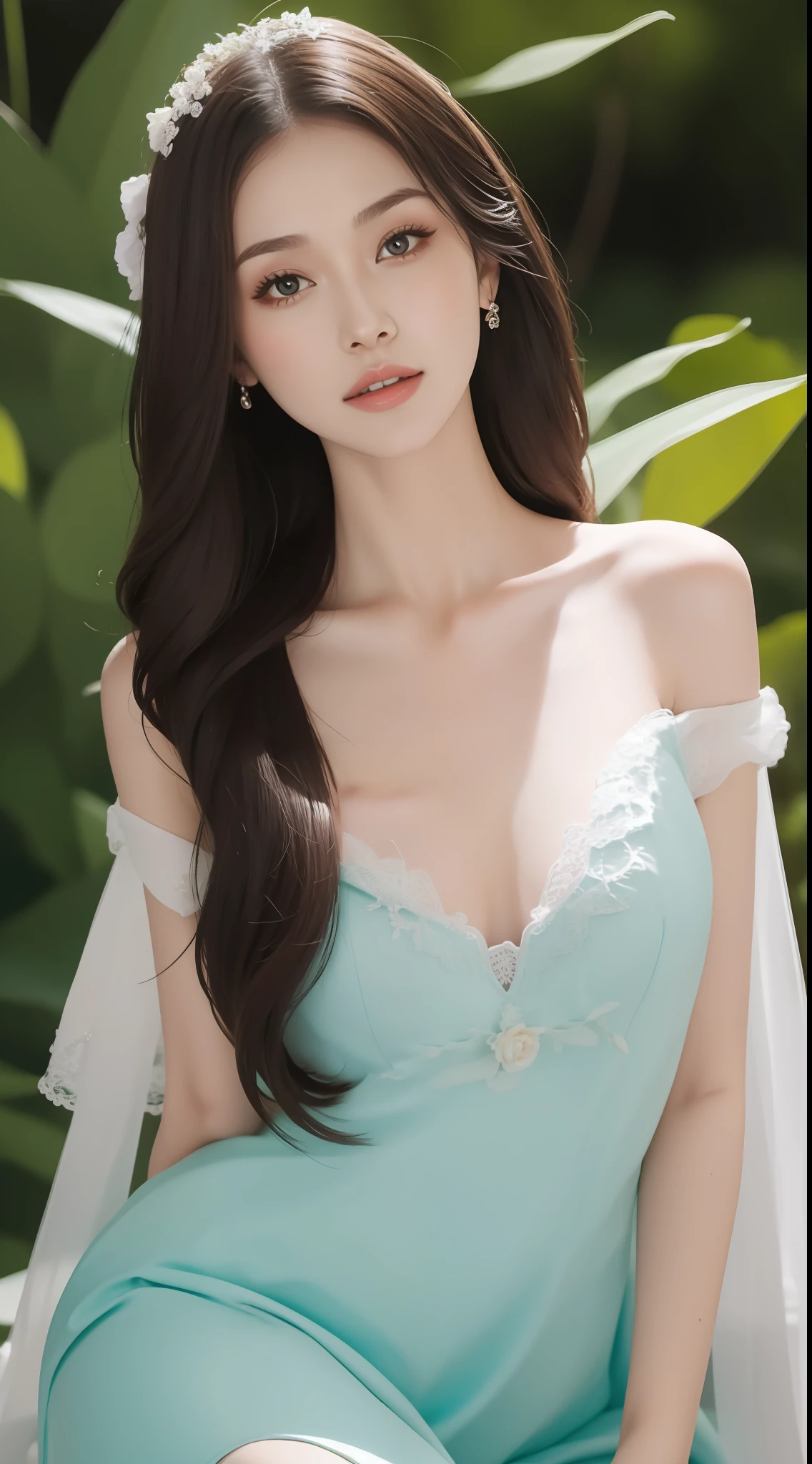 Fashion model 18 years old [[[[closeup cleavage]]]], [[[[boobgasm]]]], [[[[coll]]]], [[[[bshoulders]]]], perfect  eyes, Perfect iris，Perfect lips，perfect teeth，Perfect skin，Long face，slender nose，with fair skin，Soft front light，hdr，Movie girl，Casual，long whitr hair，Long hair with a shawl，The background is outdoors，Green trees and flowers（pastel colour：1.2）