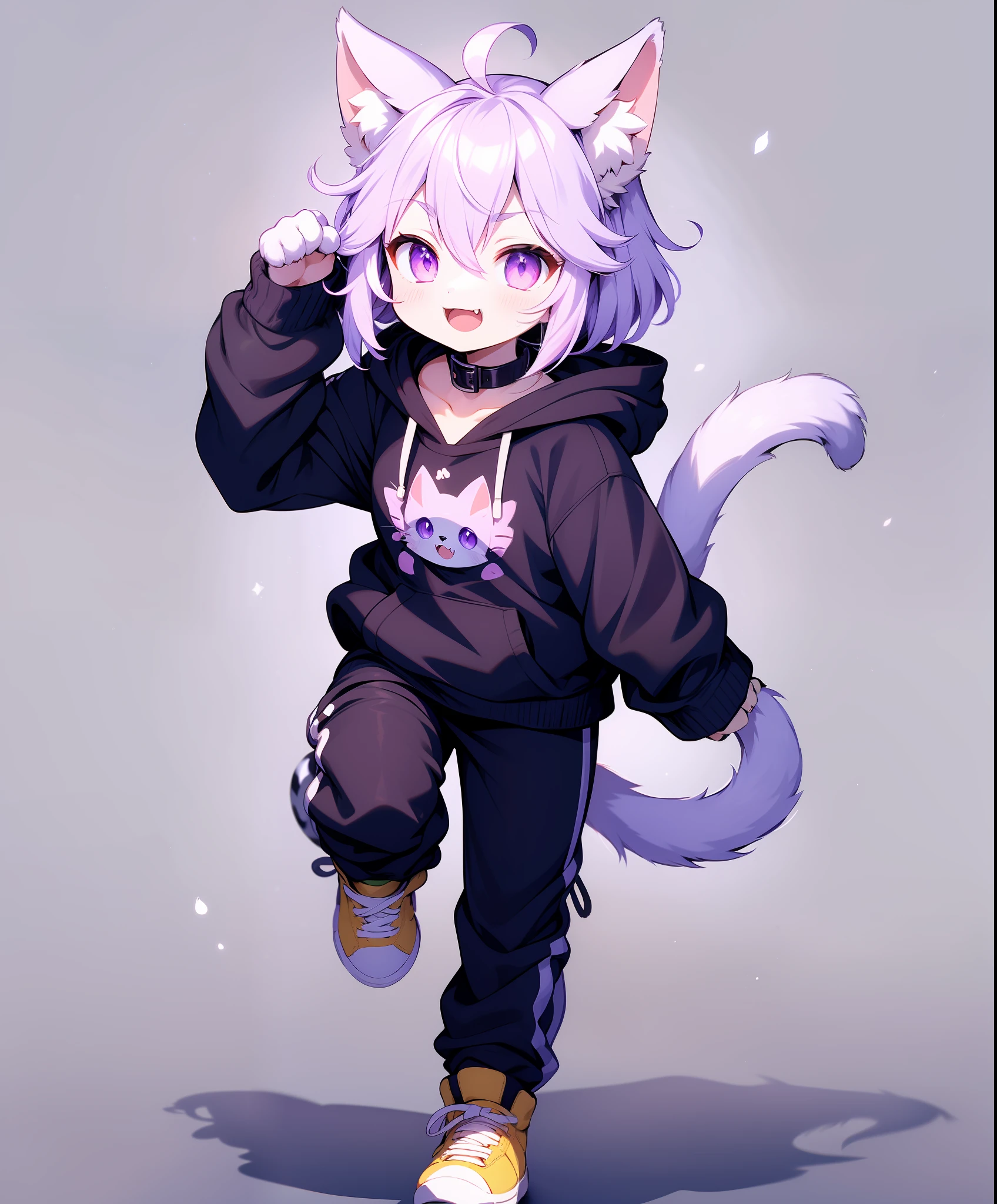 1girl, animal ears, virtual youtuber, nekomata okayu, cat ears, solo, tail, cat tail, purple eyes, purple hair, pants, ahoge, white pants, white background, full body, simple background, midriff, yellow footwear, navel, cat girl, looking at viewer, animal ear fluff, open mouth, hood, smile, collar, shoes, long sleeves, bangs, standing on one leg, paw pose, hoodie, black hoodie, hair between eyes, blush, standing, short hair, sweatpants, black collar, animal collar, fang, :d, :3, collarbone, baggy pants, sleeves past wrists