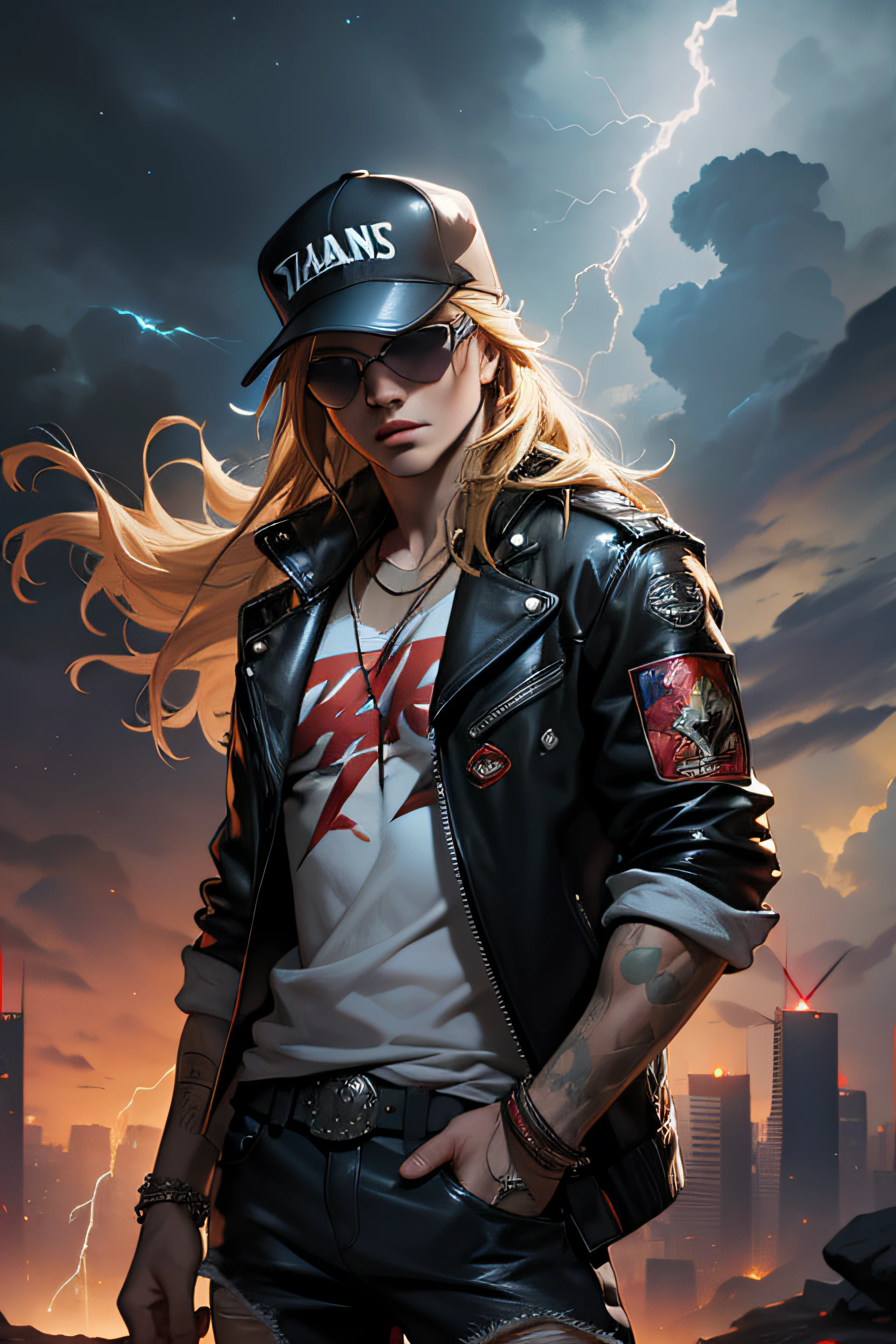 1 solo Axl Rose com as roupas de Terry Bogard pretas, with sunglasses, raios ao redor de si, thunders, thunders , cabelo blond, roupas pretas, vestes pretas, Nebula and smoke, pano preto, both hands together holding a lightning bolt, a thunder, tempo fechado, tempo nublado, Tempo escuro, Cidade, raios ao redor , com o planeta terra no fundo, and lightning in the hand
